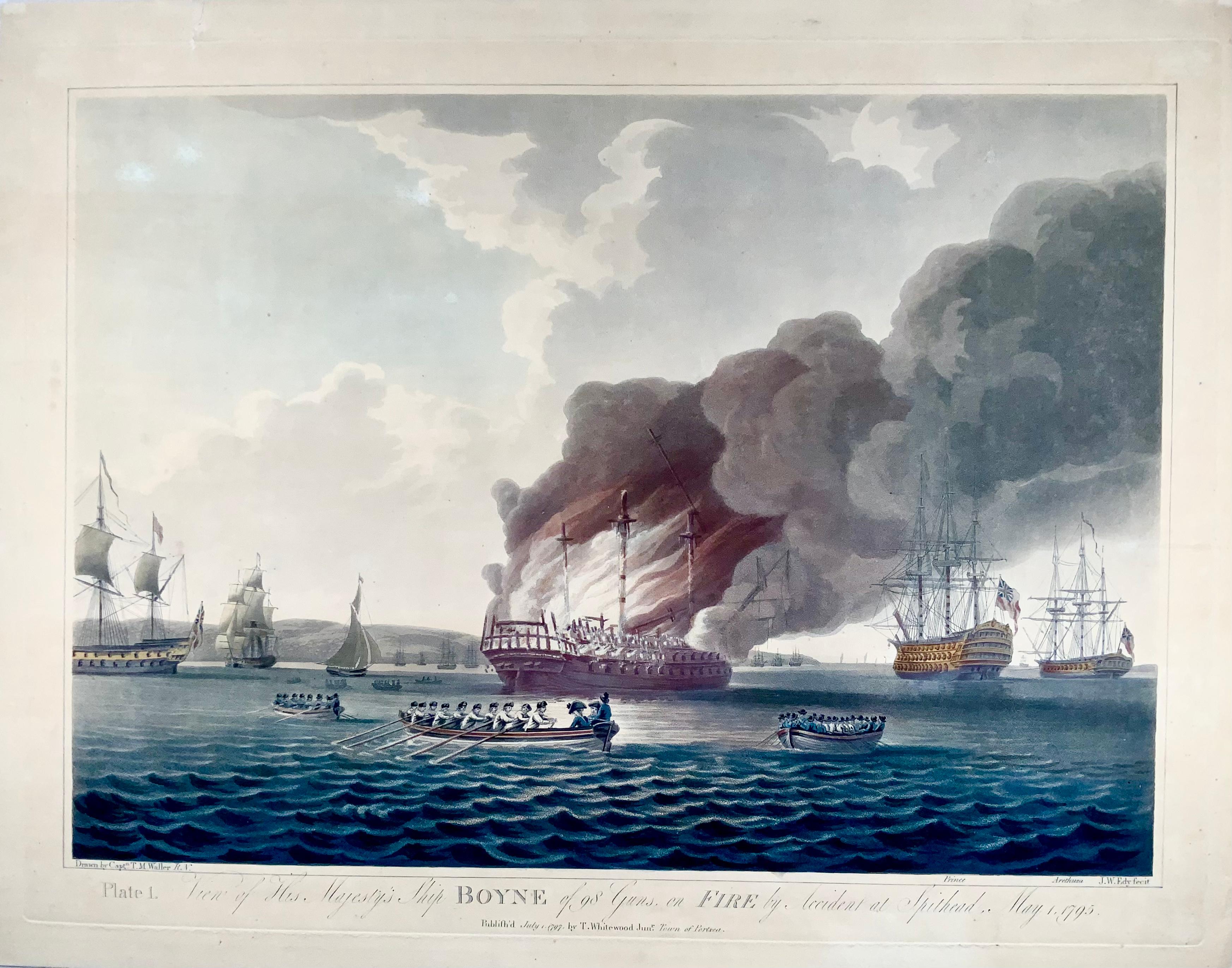 On offer two superb and large aquatints (with original hand color) depicting the “Explosion on, and Sinking of Her Majesty’s Ship BOYNE”

Plate 1. “View of His Majesty's Ship Boyne of 98 Guns (Vice-Admiral Sir John Jervis's flagship, in action in