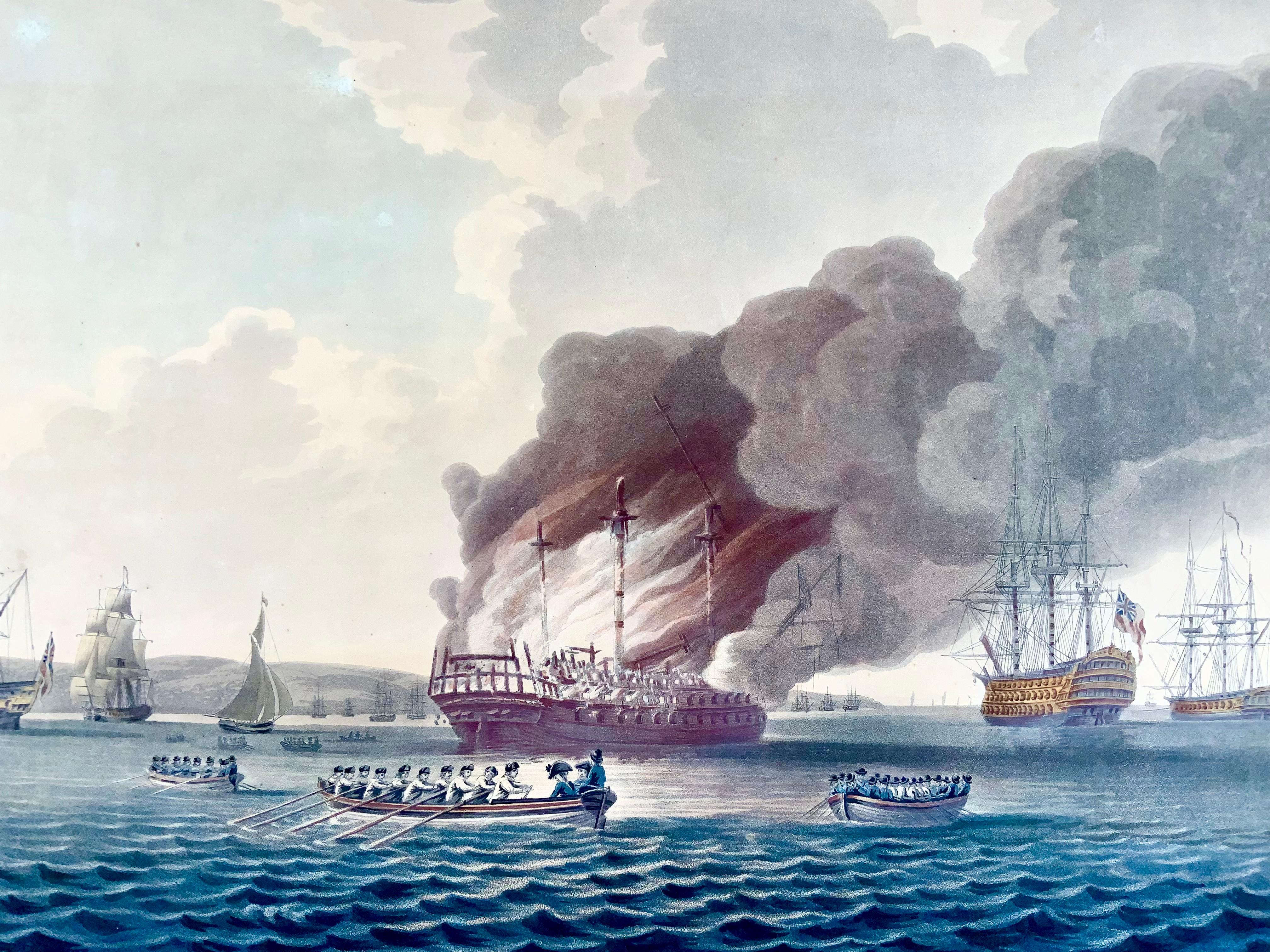 Georgian 1797 Set of 2 Large Aquatints, Maritime, Explosion of the 'HMS' Boyne For Sale