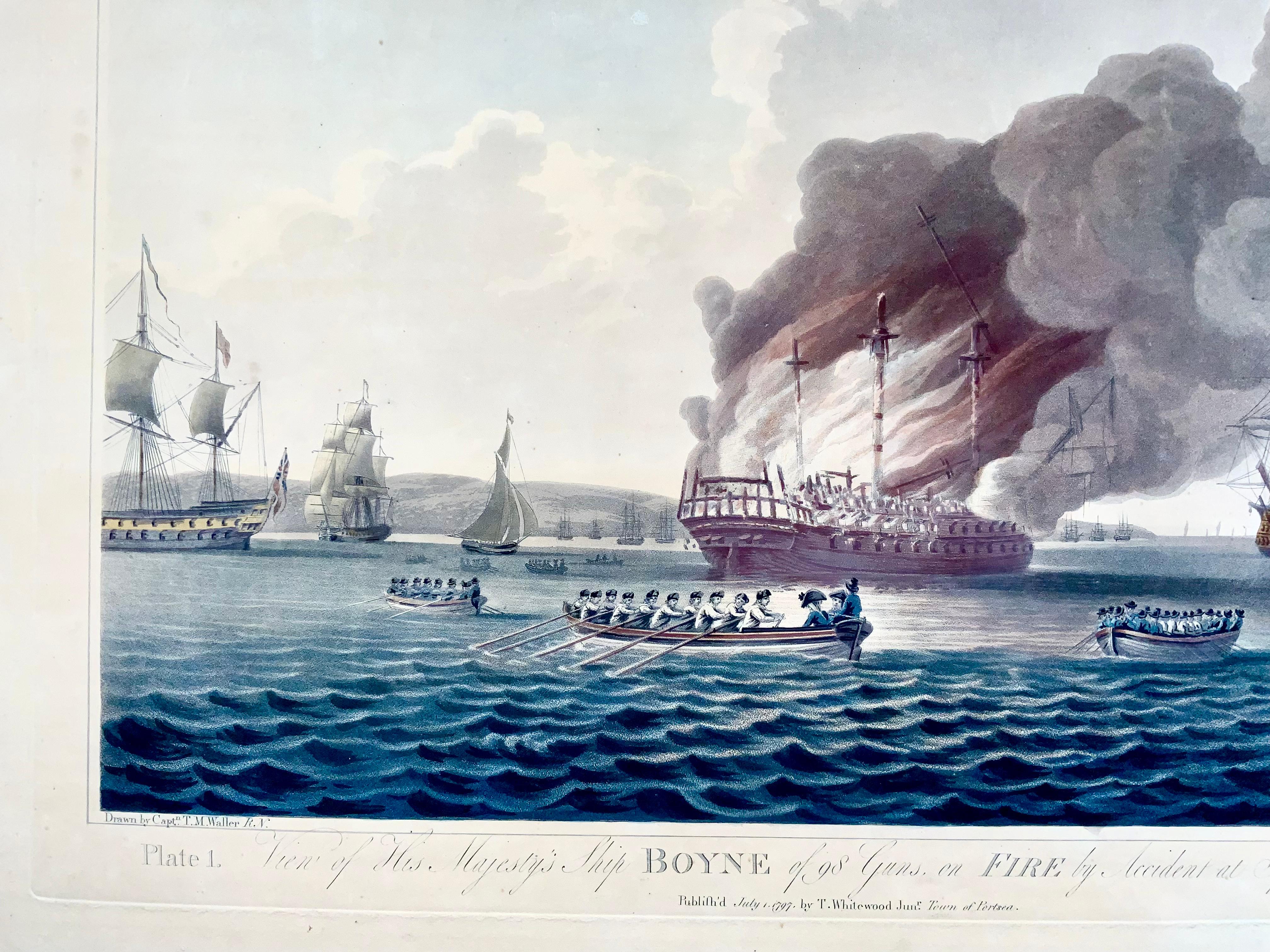 British 1797 Set of 2 Large Aquatints, Maritime, Explosion of the 'HMS' Boyne For Sale