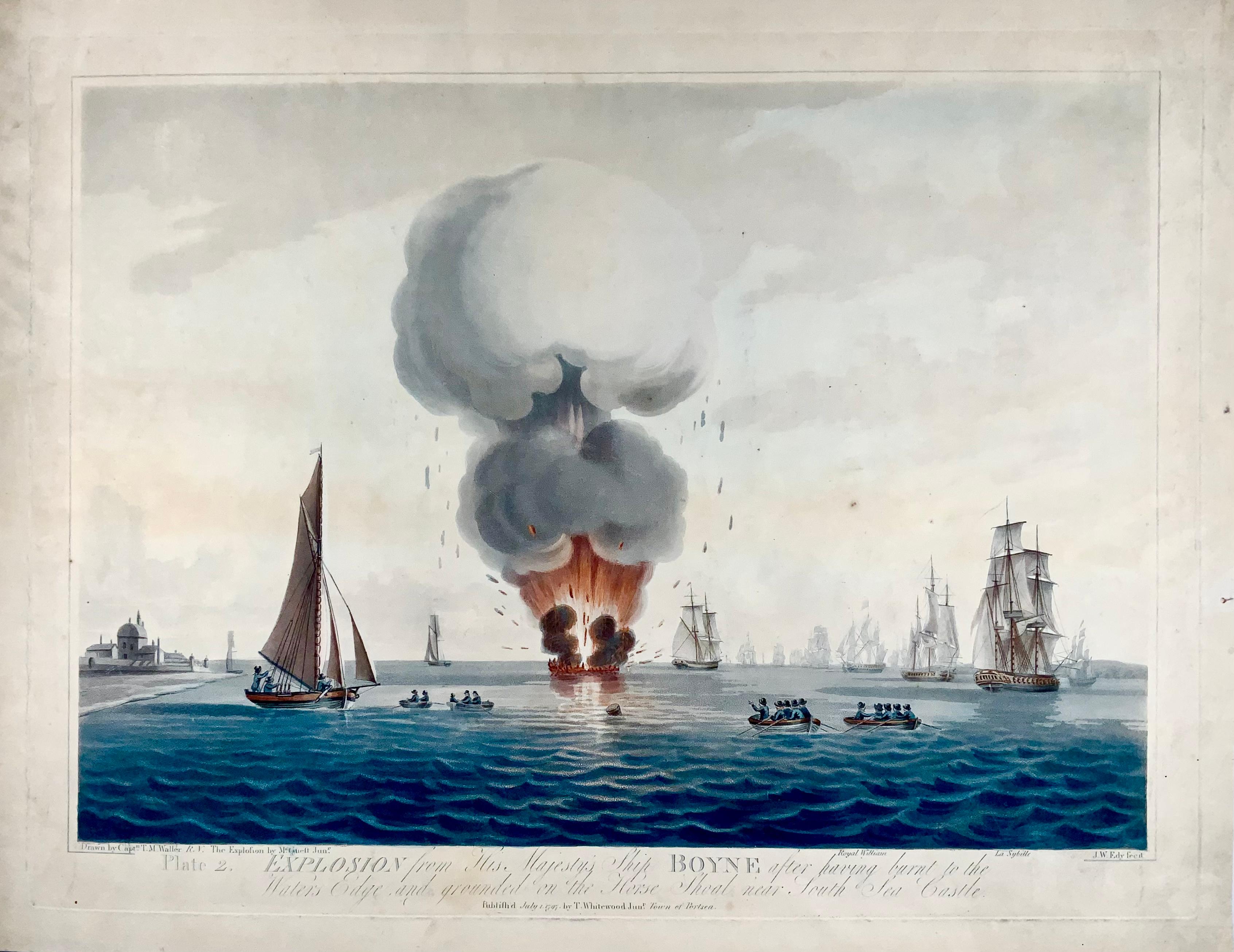 Hand-Painted 1797 Set of 2 Large Aquatints, Maritime, Explosion of the 'HMS' Boyne For Sale