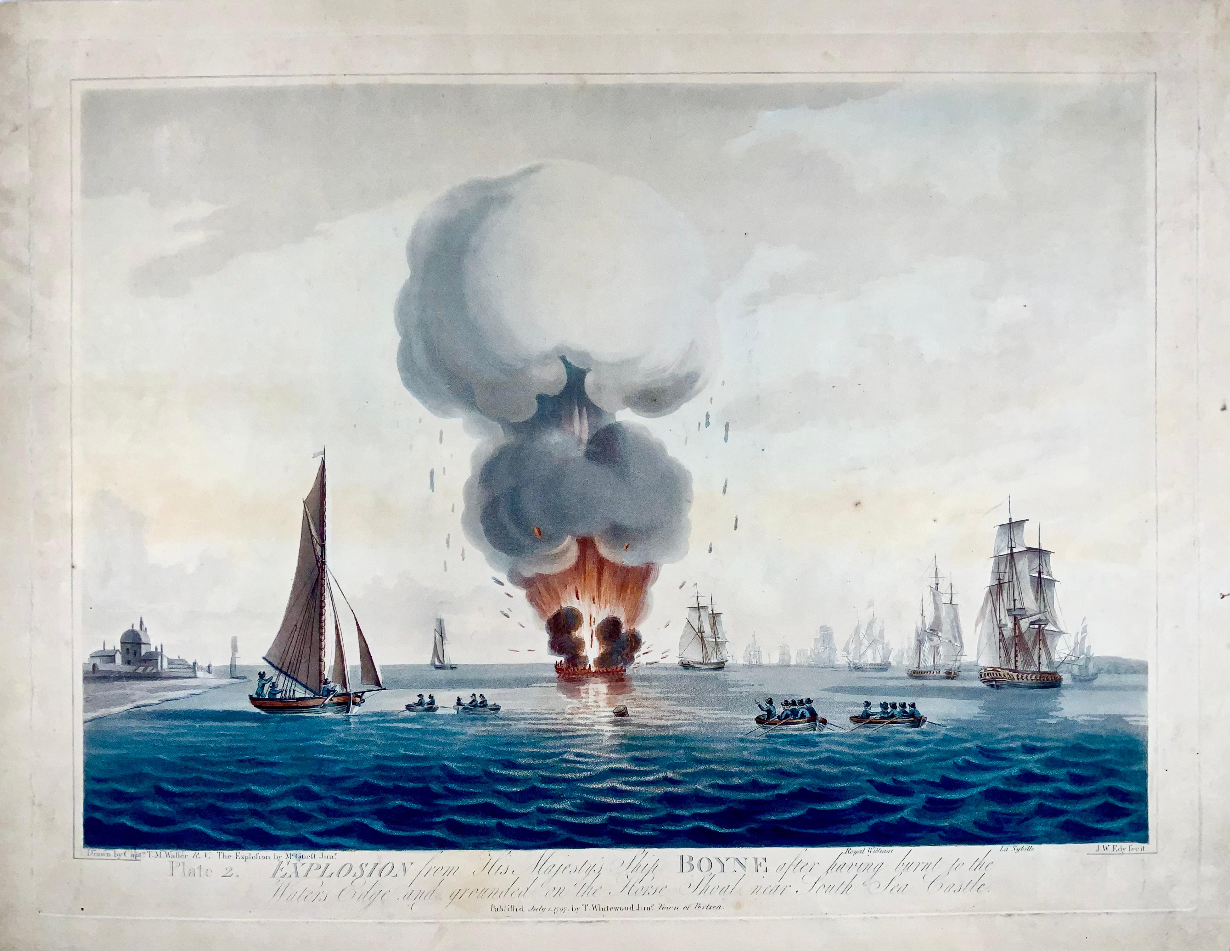 1797 Set of 2 Large Aquatints, Maritime, Explosion of the 'HMS' Boyne In Good Condition For Sale In Norwich, GB