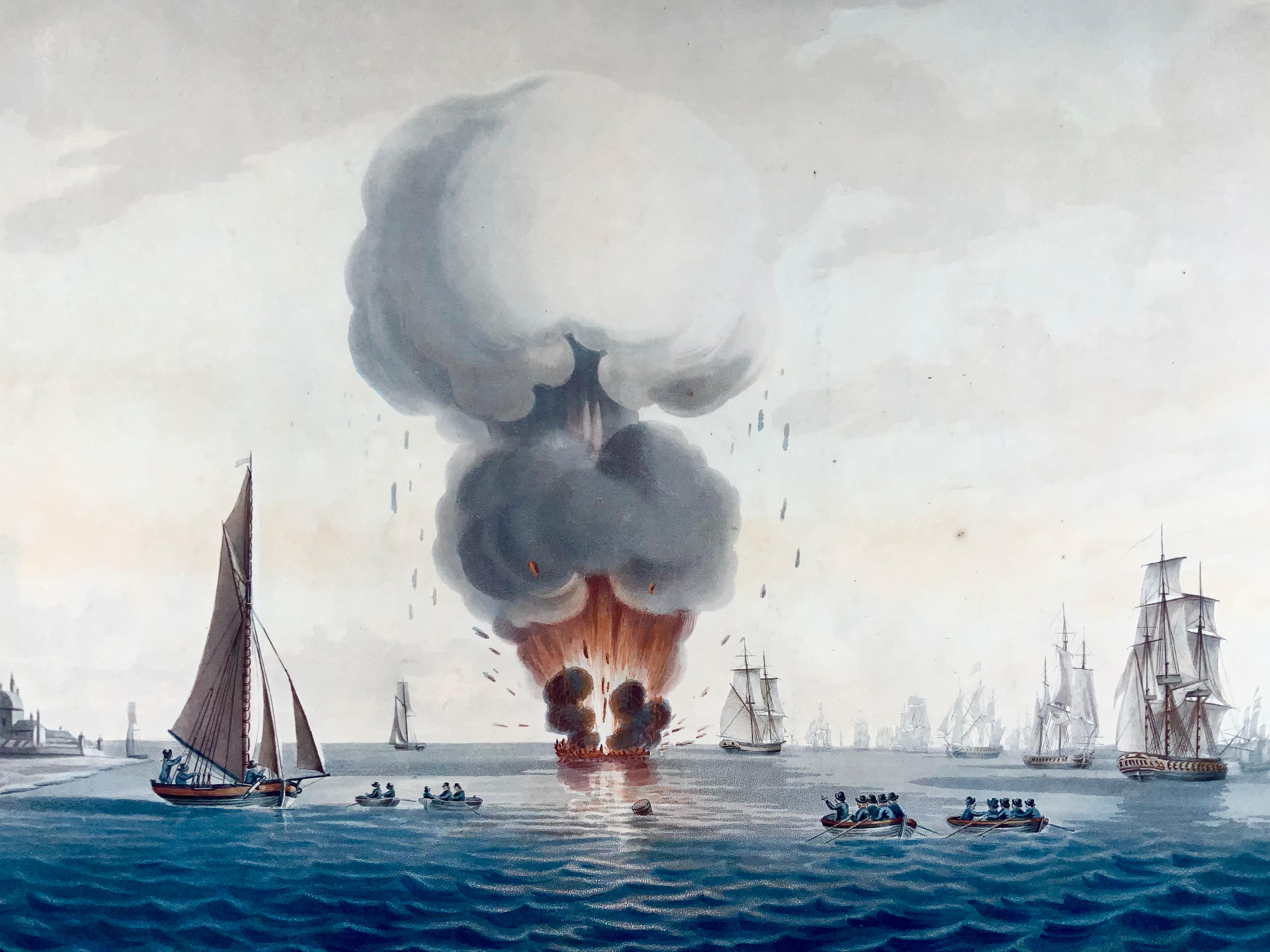 Late 18th Century 1797 Set of 2 Large Aquatints, Maritime, Explosion of the 'HMS' Boyne For Sale