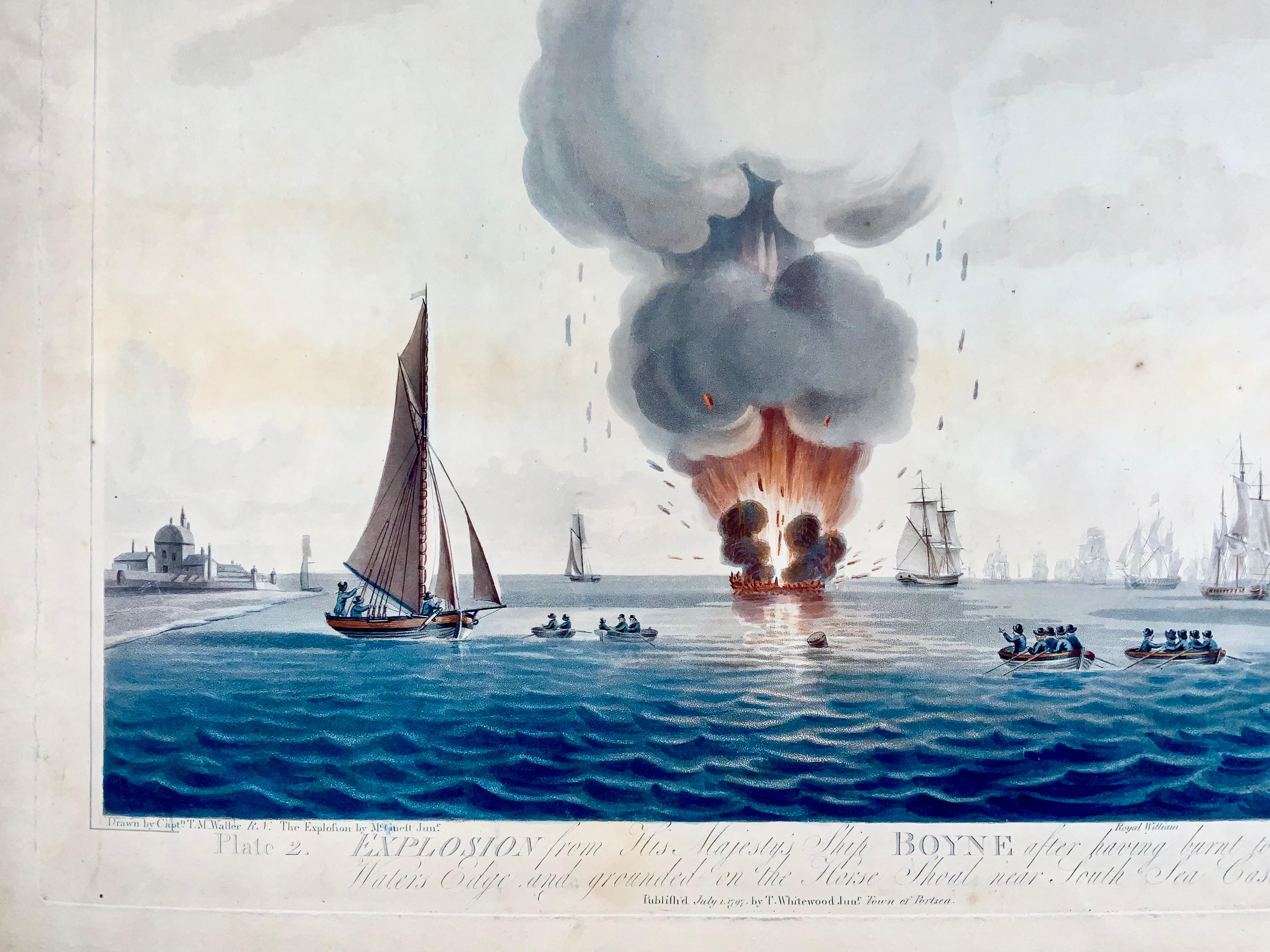 Paper 1797 Set of 2 Large Aquatints, Maritime, Explosion of the 'HMS' Boyne For Sale