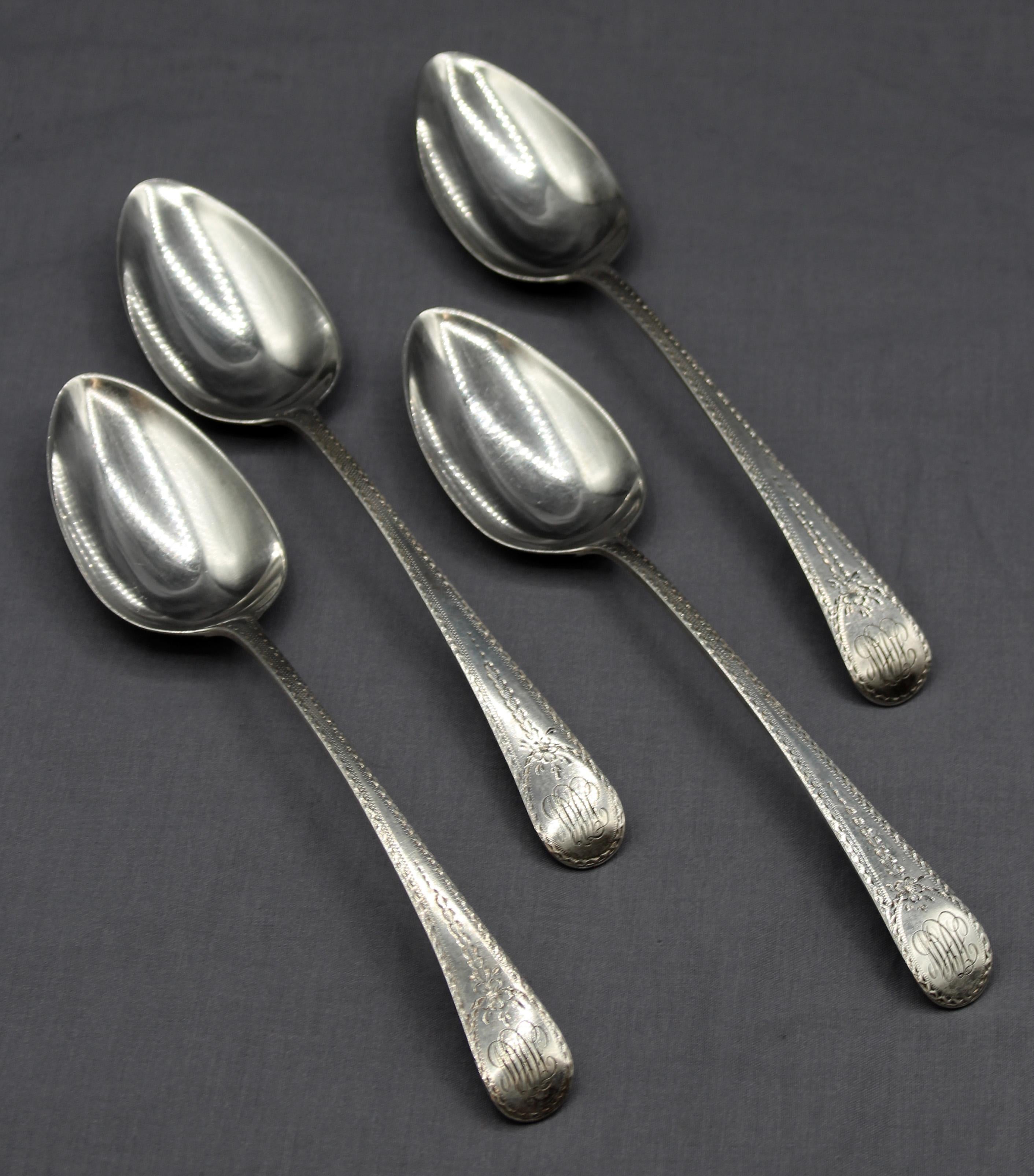 Late 18th Century 1797 Set of 4 English Engraved Sterling Silver Spoons For Sale