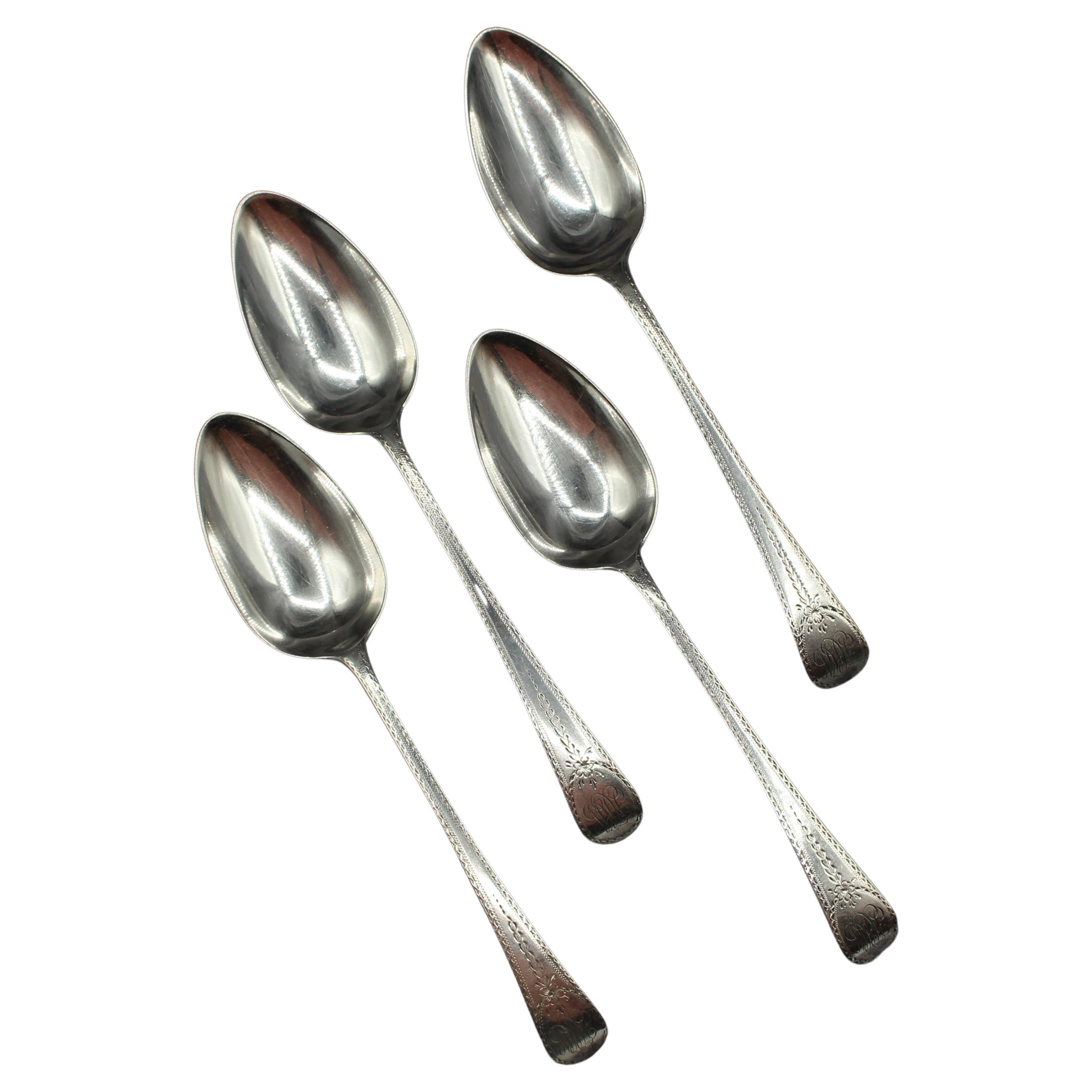1797 Set of 4 English Engraved Sterling Silver Spoons For Sale