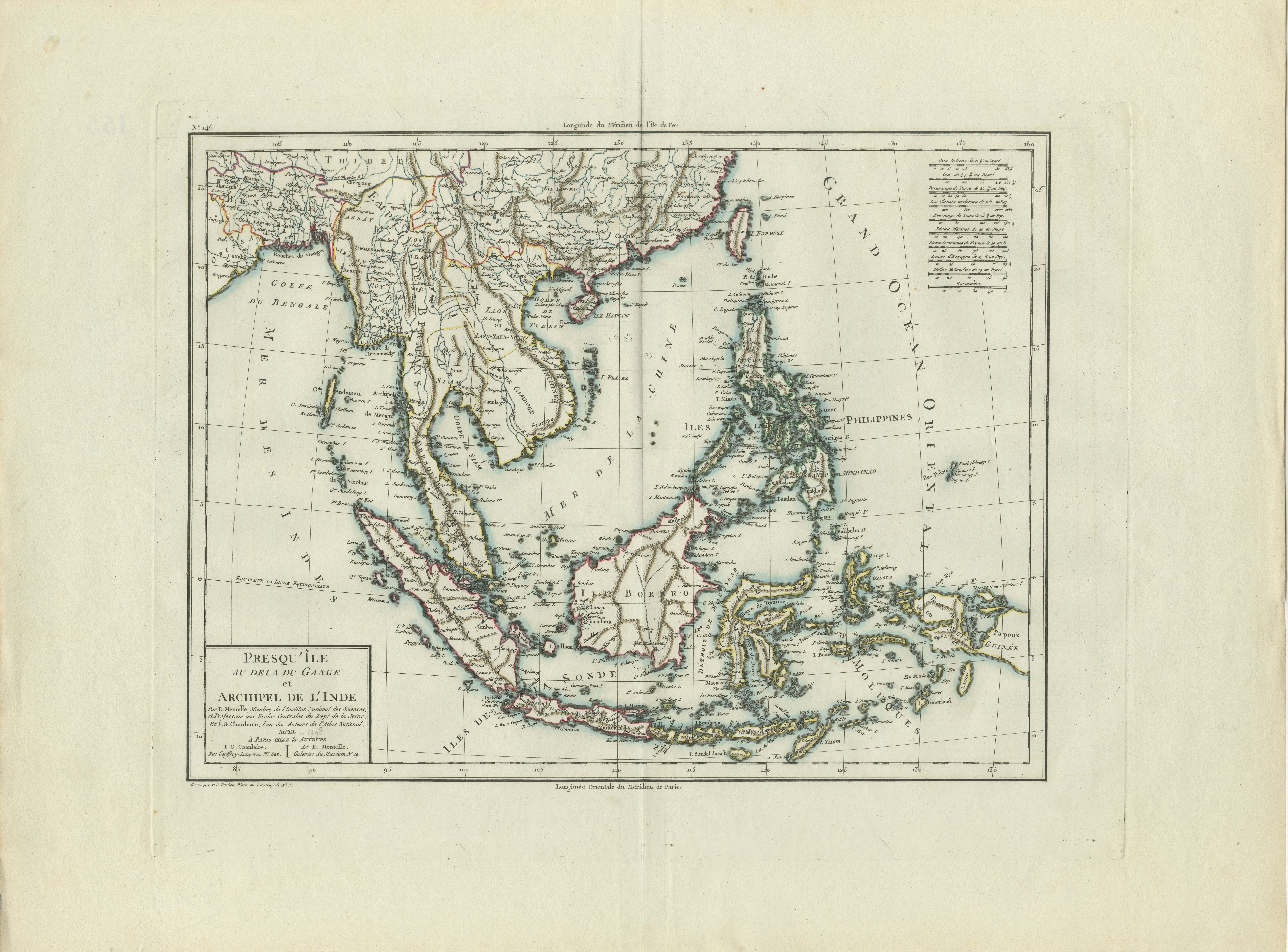 An original historical map titled 'Presqu' Île Au Dela Du Gange et Archipel De L'Inde', created by Pierre Francois Tardieu and published in the 