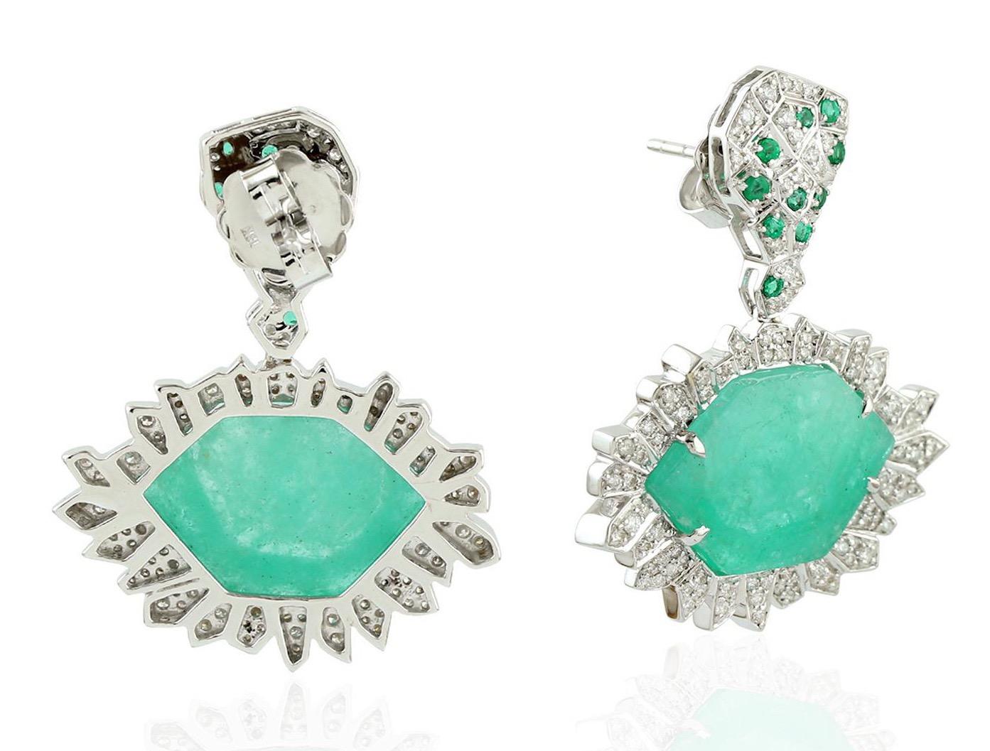 Rose Cut 17.98 Carat Emerald 18 Karat White Gold Diamond Earrings For Sale