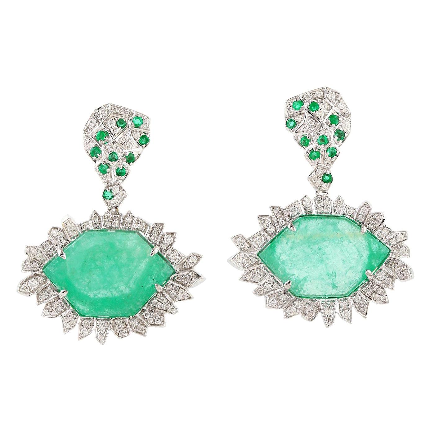 17.98 Carat Emerald 18 Karat White Gold Diamond Earrings For Sale