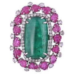 17.98 Carats, Zambian Emerald, Carved Ruby & Diamonds Cocktail Ring