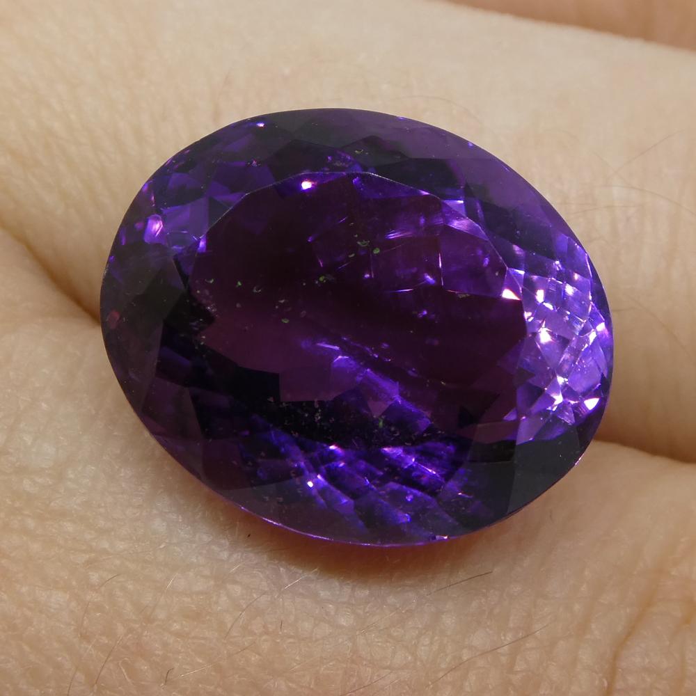 Description:

Gem Type: Amethyst
Number of Stones: 1
Weight: 17.98 cts
Measurements: 18.10x15.10x10.40 mm
Shape: Oval
Cutting Style Crown: Modified Brilliant
Cutting Style Pavilion: Modified Brilliant
Transparency: Transparent
Clarity: Very Slightly