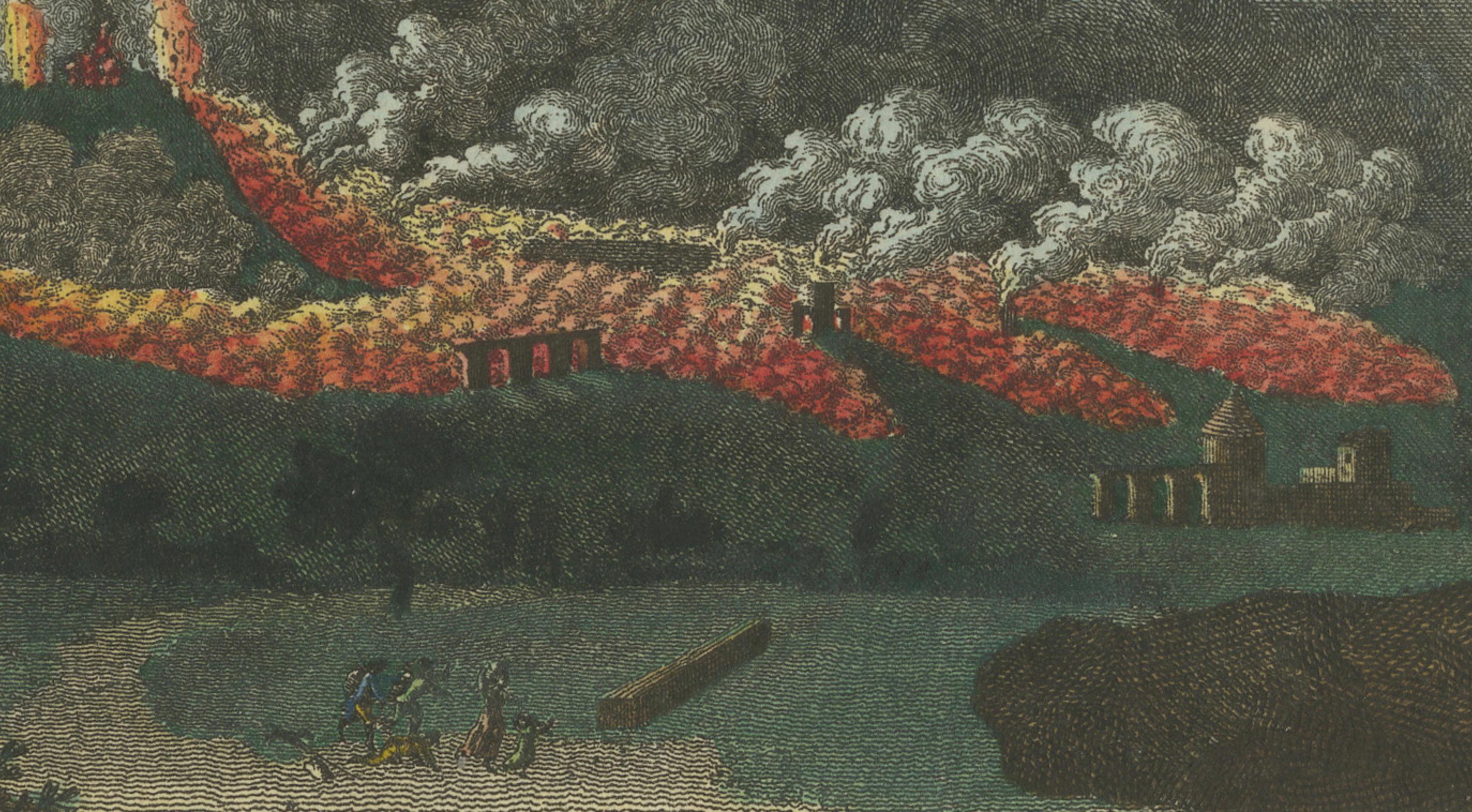 Incisione del 1798 sulle eruzioni del Vesuvio - Lava nel 1760, ceneri nel 1794 In condizioni buone in vendita a Langweer, NL