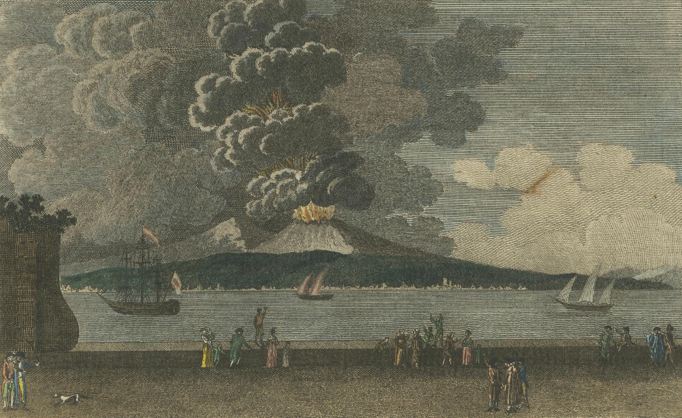 Fine XVIII secolo Incisione del 1798 sulle eruzioni del Vesuvio - Lava nel 1760, ceneri nel 1794 in vendita