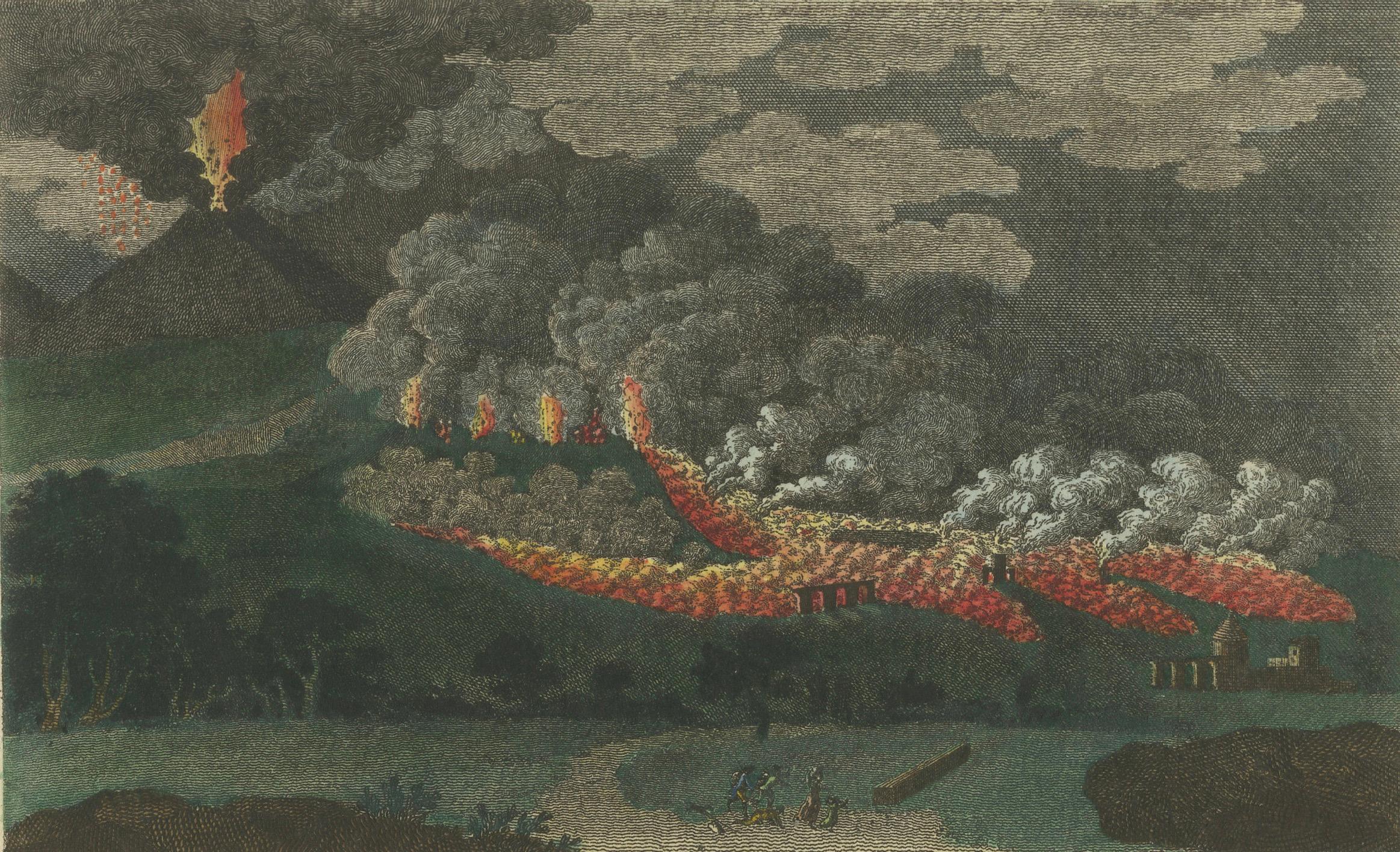 Carta Incisione del 1798 sulle eruzioni del Vesuvio - Lava nel 1760, ceneri nel 1794 in vendita