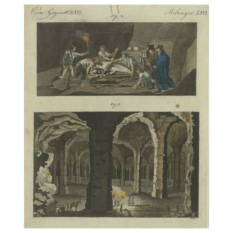 1798 Hand-Coloured Engraving - Caves of Mt. St. Peter and Mosasaur Discovery