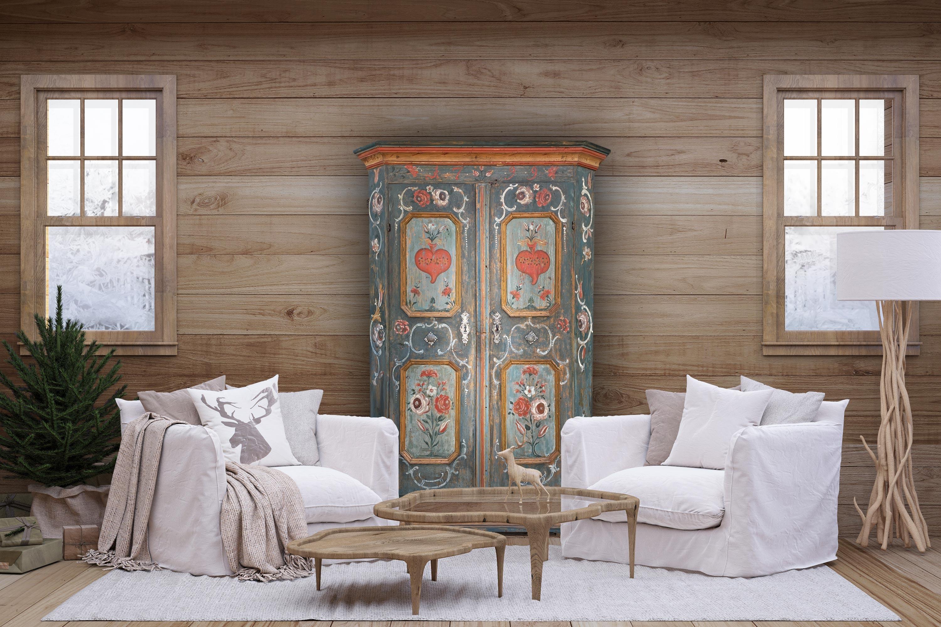 Armoire à deux portes peinte à motifs floraux bleus de 1799 11