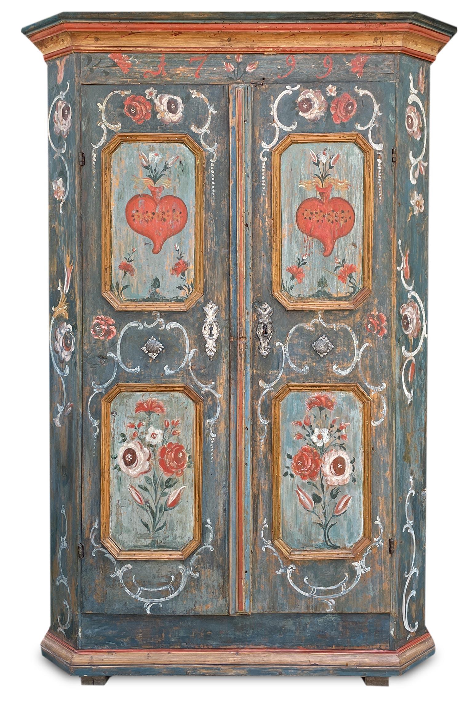 italien Armoire à deux portes peinte à motifs floraux bleus de 1799