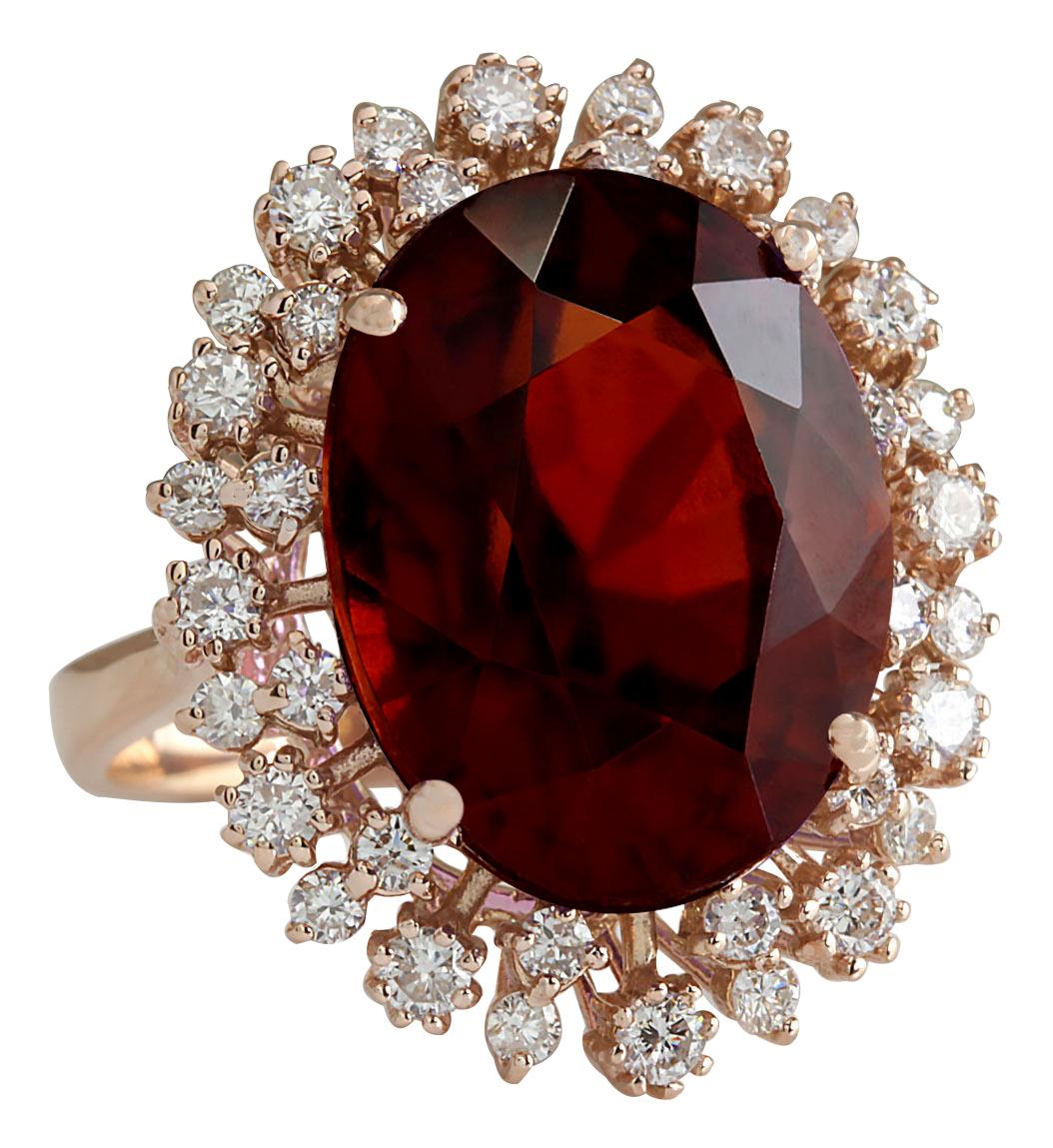 17.99 Carat Hessonite Garnet 14 Karat Rose Gold Diamond Ring
Stamped: 14K Rose Gold
Total Ring Weight: 10.0 Grams
Total  Hessonite Garnet Weight is 16.88 Carat (Measures: 16.00x12.00 mm)
Color: Red
Total  Diamond Weight is 1.11 Carat
Color: F-G,
