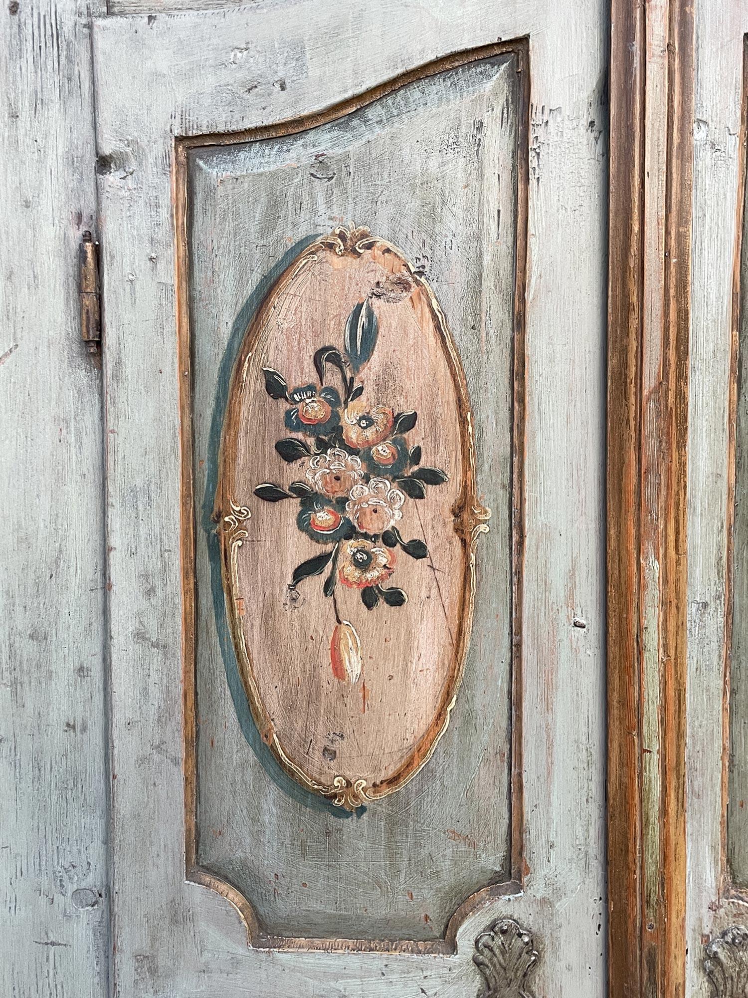 Hand-Carved 1799 Light Green Floral Painted Cabinet