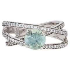 1.79 Carat Round Cut Green Tourmaline and Diamond Ring, 14k White Gold Crossover