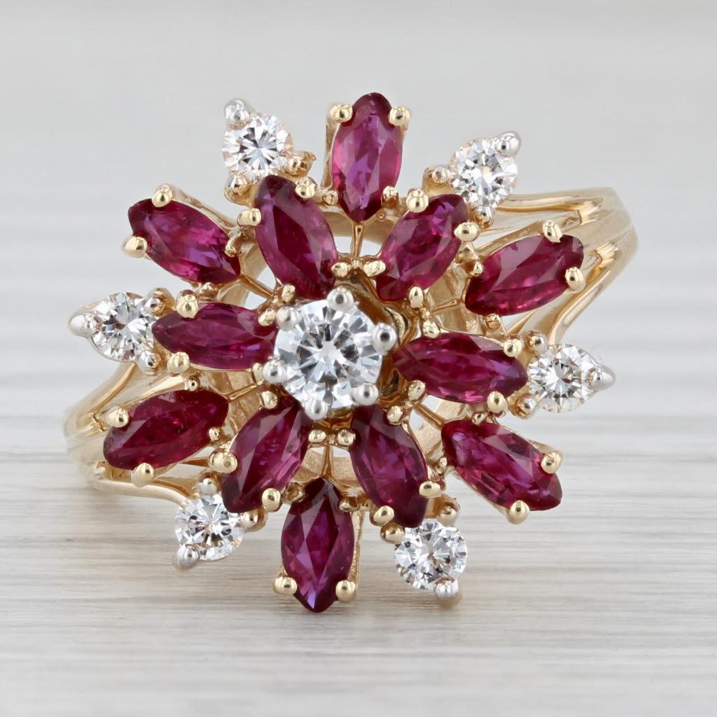1.79ctw Rubí Diamante Racimo Anillo Flor Oro Amarillo 14k Talla 8 Cocktail Corte marquesa en venta