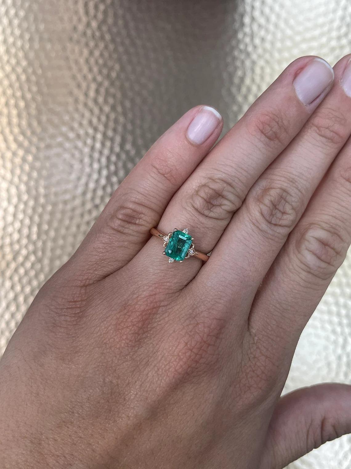 Blue Green 1.79tcw Emerald-Emerald Cut & Diamond Accent Engagement Ring 14K For Sale 2