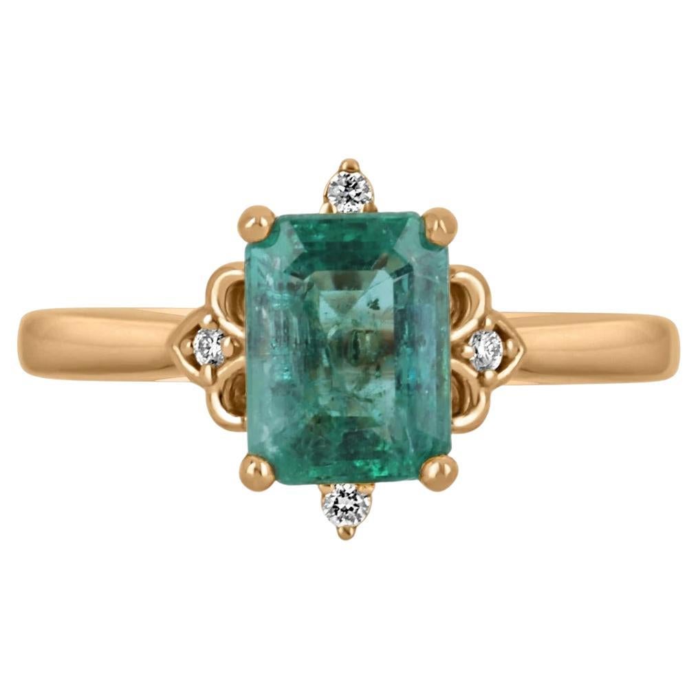 Blue Green 1.79tcw Emerald-Emerald Cut & Diamond Accent Engagement Ring 14K For Sale