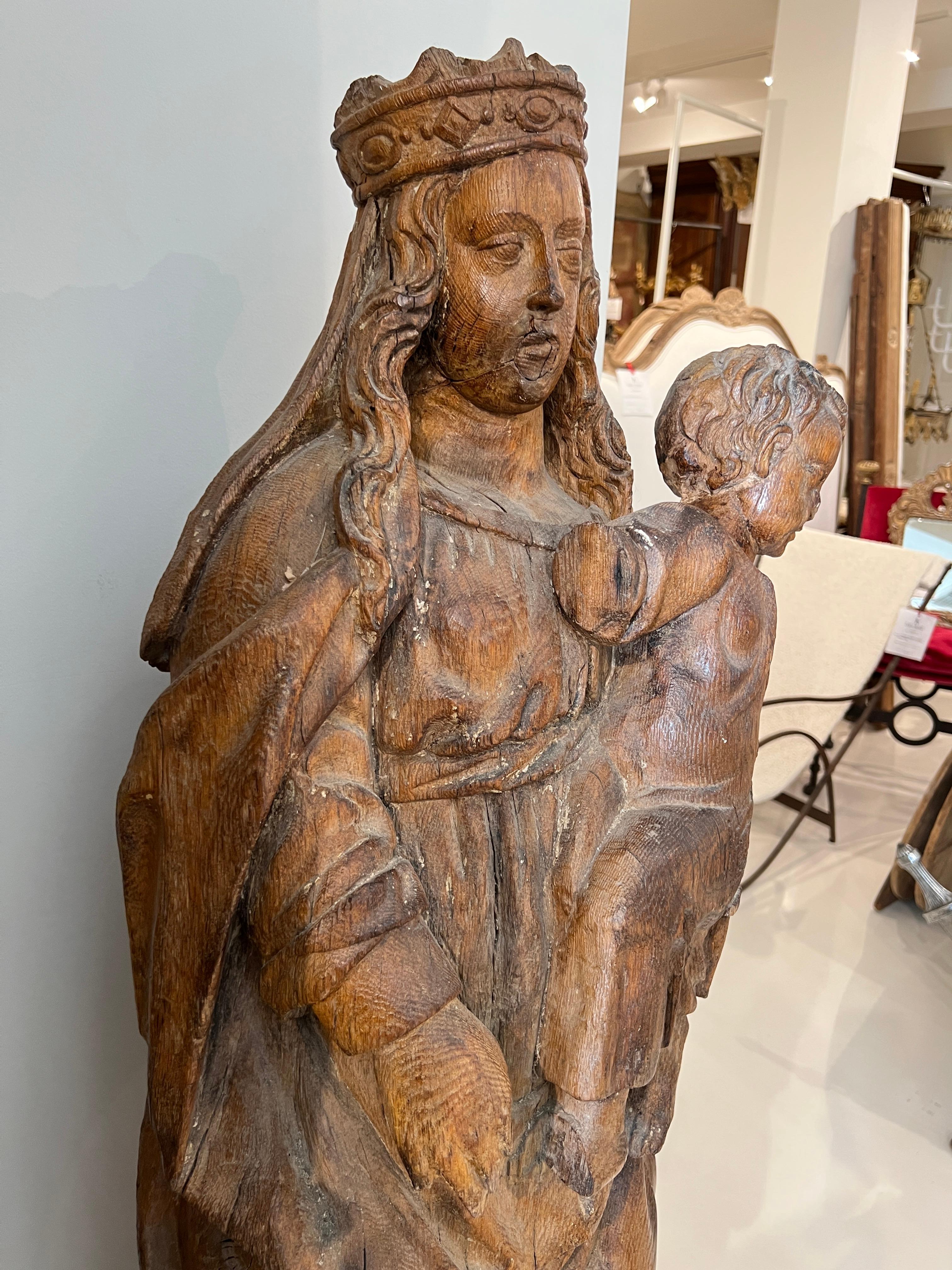 Wood 17th Century Madonna & Child Statue