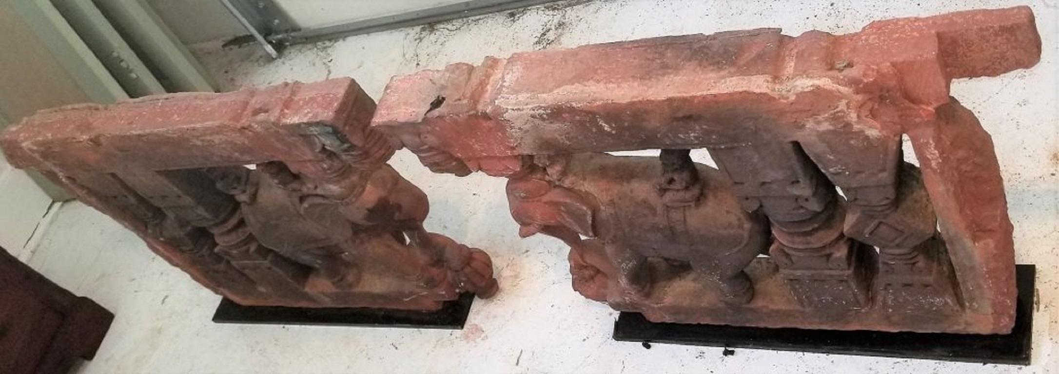 Sandstone 17C SE Asian Indian Pair of Brackets with Elephants and Mahuts For Sale