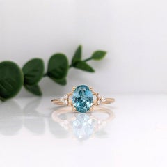 1.7ct Blue Zircon Ring w Diamond Accent Halo in 14K Yellow Gold Oval 8x6mm