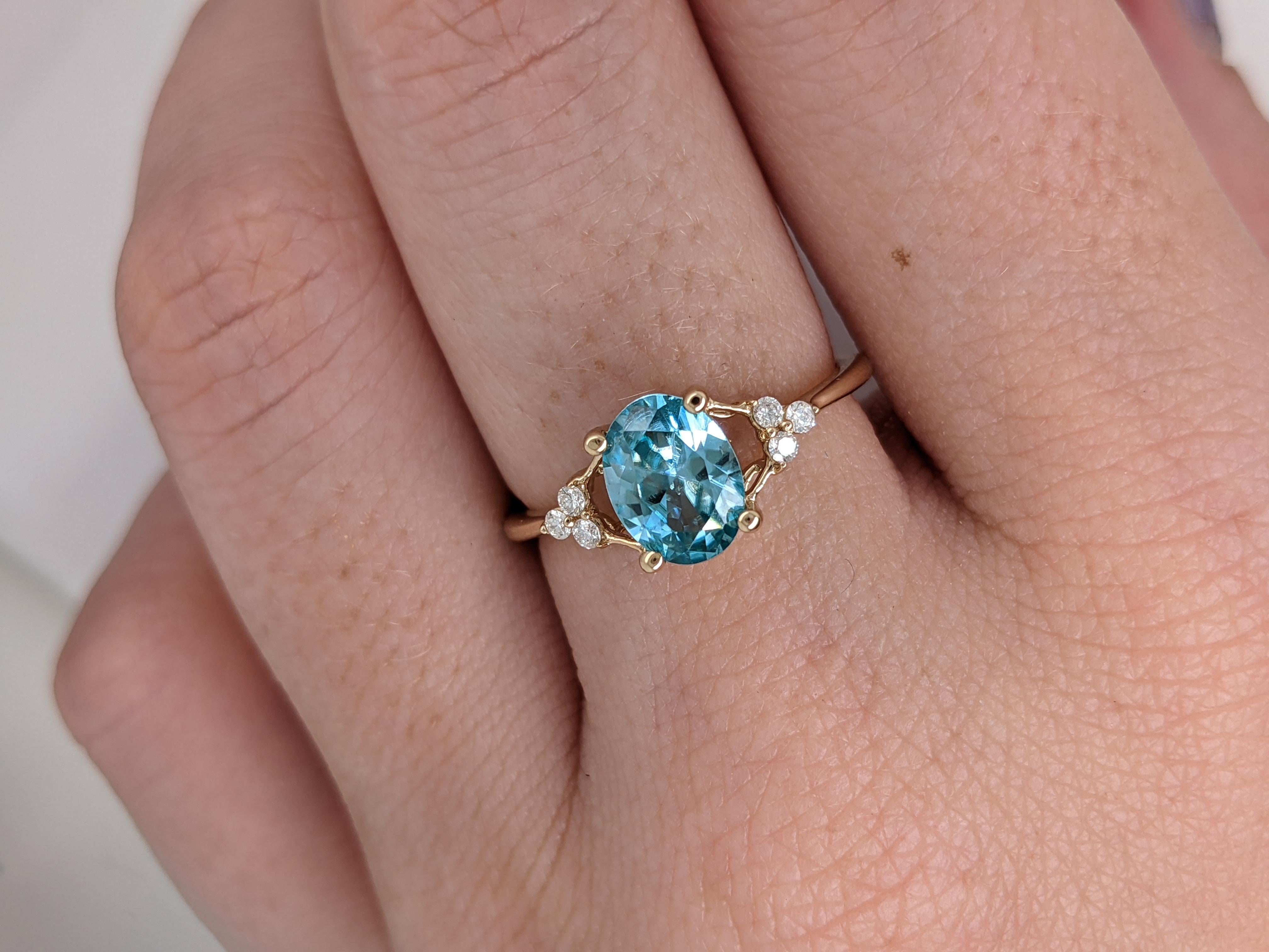 Women's 1.7ct Blue Zircon Ring w Diamond Accent Halo in 14K Yellow Gold Oval 8x6mm For Sale