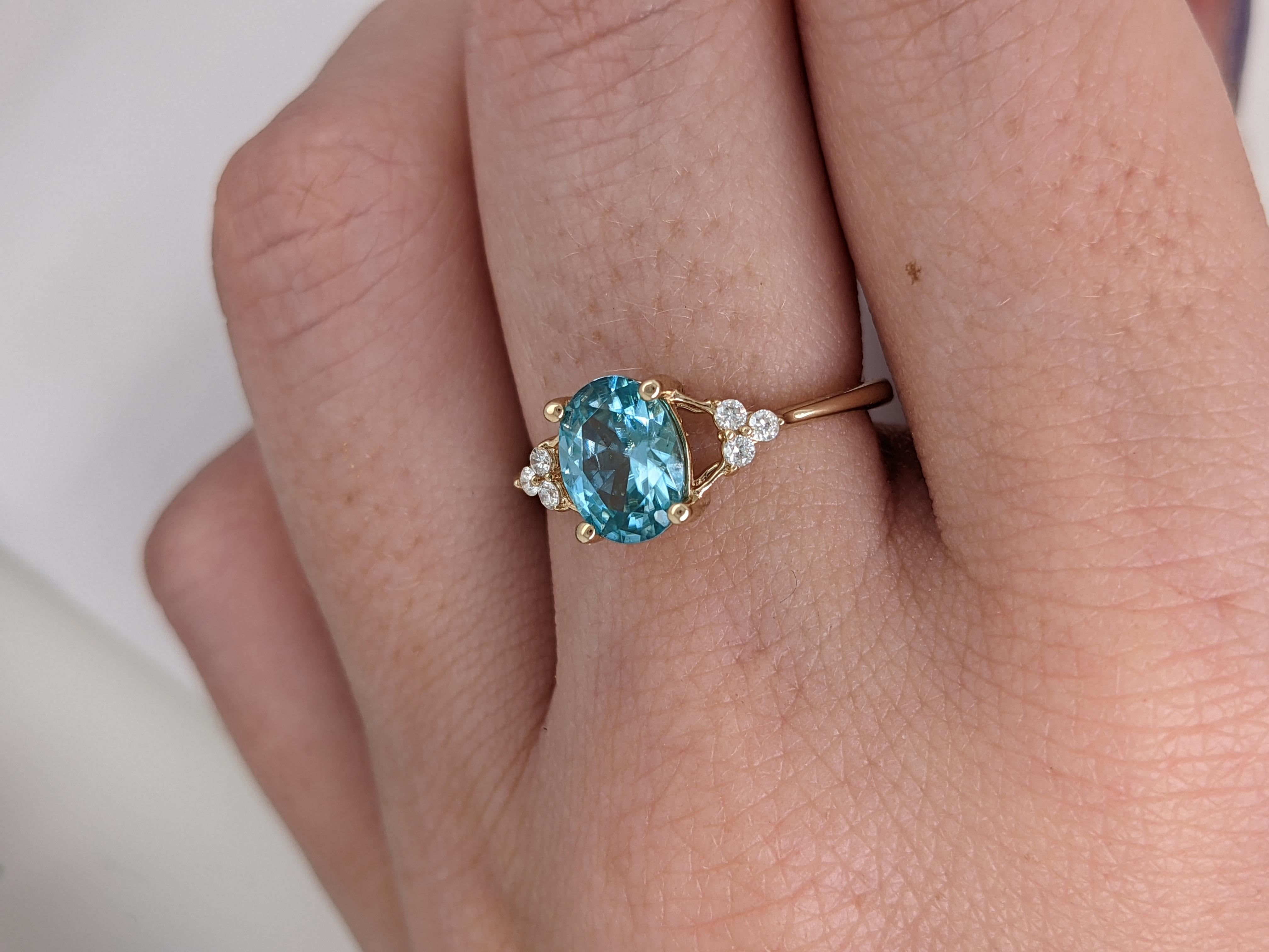 1.7ct Blue Zircon Ring w Diamond Accent Halo in 14K Yellow Gold Oval 8x6mm For Sale 1