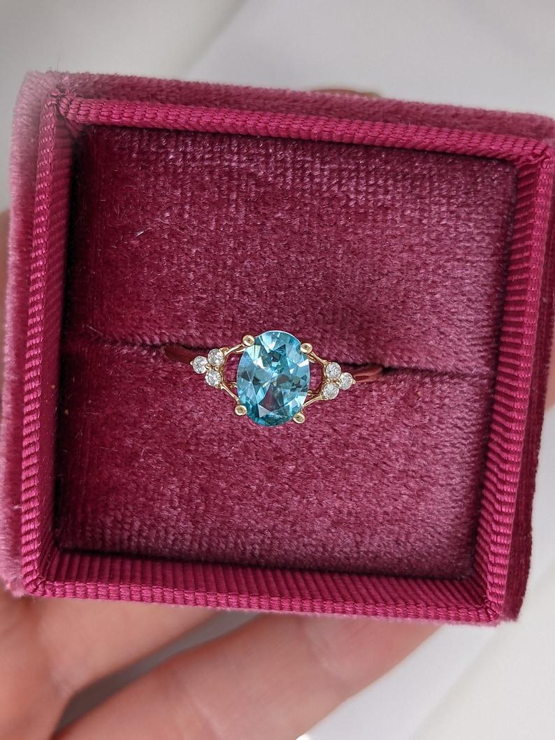1.7ct Blue Zircon Ring w Diamond Accent Halo in 14K Yellow Gold Oval 8x6mm For Sale 2