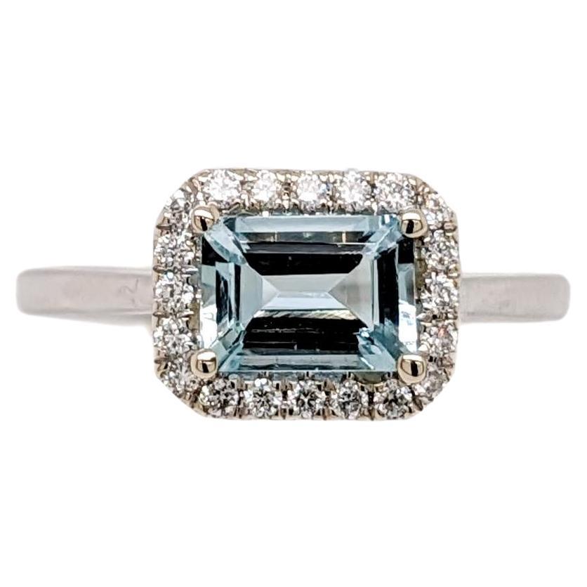 1.7ct East West Aquamarine Ring w Natural Diamond Halo in Solid 14K White Gold
