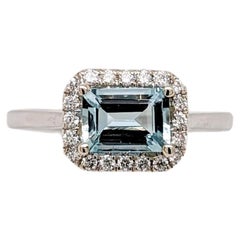 1.7ct East West Aquamarine Ring w Natural Diamond Halo in Solid 14K White Gold