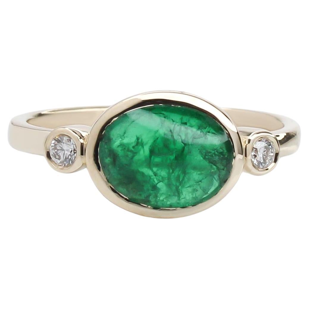 1.7ct East West Emerald Ring w Earth Mined Diamonds in Solid 14K Gold Oval 9x7mm