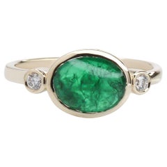 1.7ct East West Emerald Ring w Earth Mined Diamonds in Solid 14K Gold Oval 9x7mm