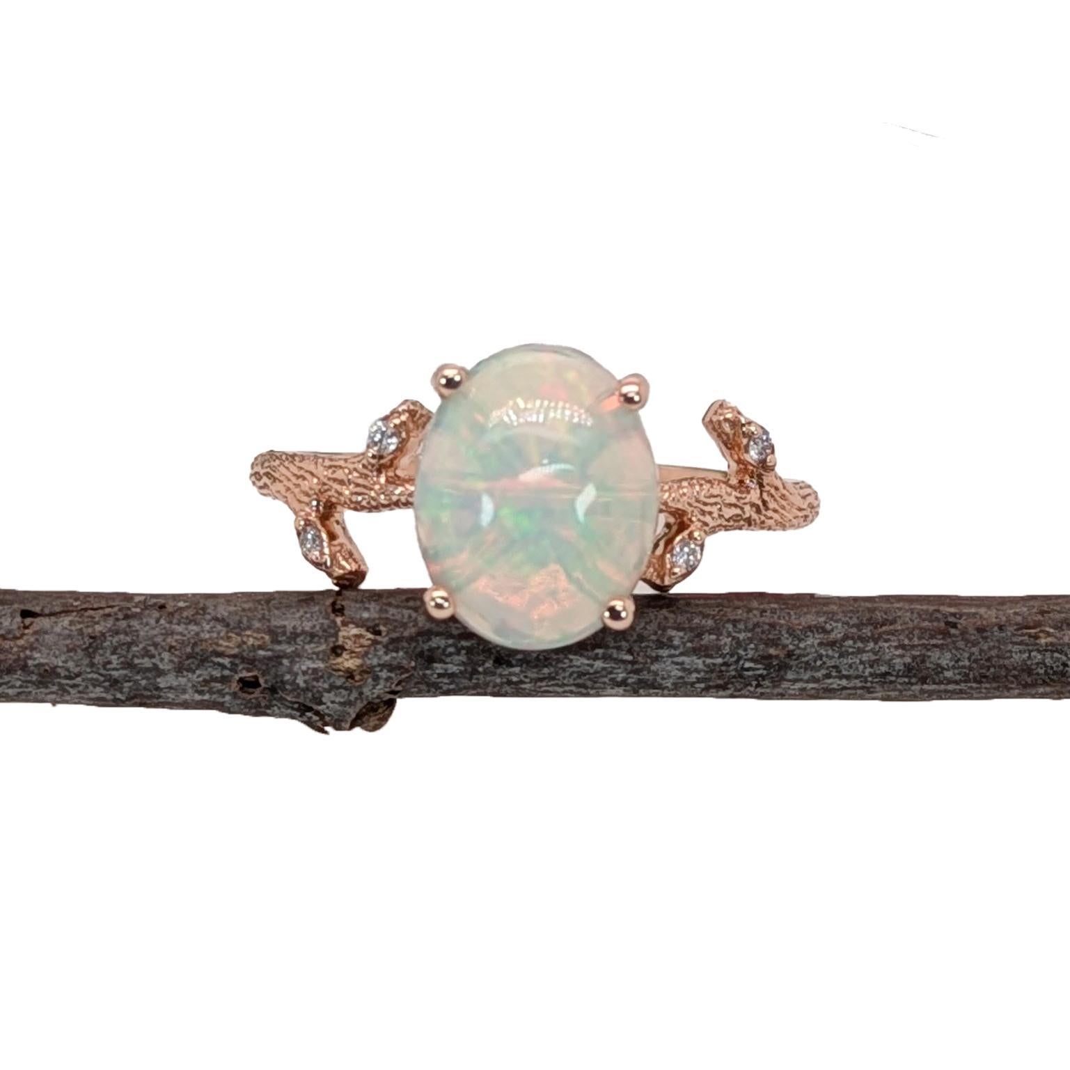 Oval Cut 1.7ct Ethiopian Opal Nature Inspired Ring w Natural Diamonds in 14K Rose Gold