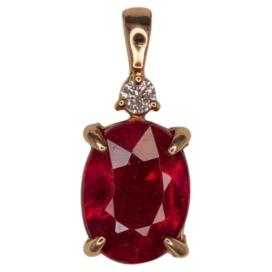 1.7Ct Madagascar Ruby Pendant with Natural Diamond Accent: Solid 14K Gold, 8x6mm