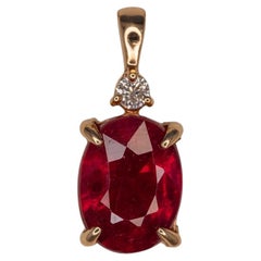 1.7Ct Madagascar Ruby Pendant with Natural Diamond Accent: Solid 14K Gold, 8x6mm