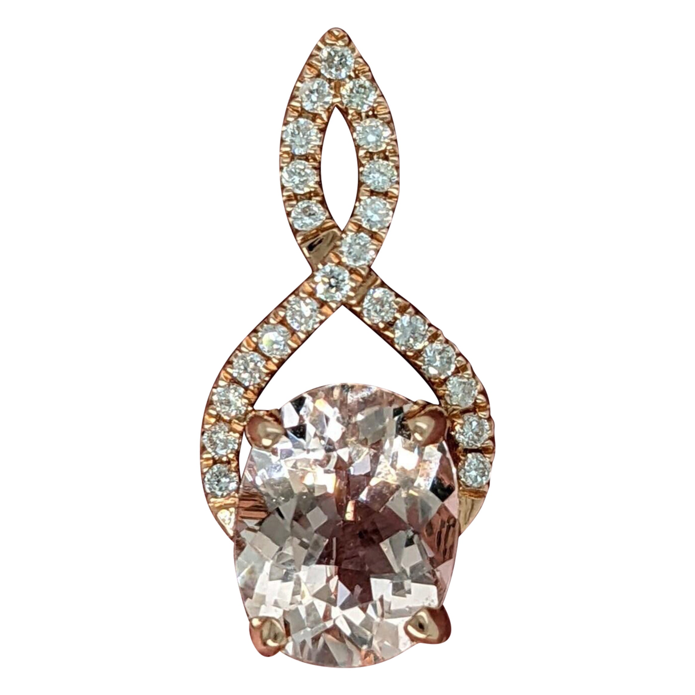 Pendentif ovale 9 x 7 mm en or rose 14 carats massif avec Morganite de 1,7 carat et diamants extraits de la terre