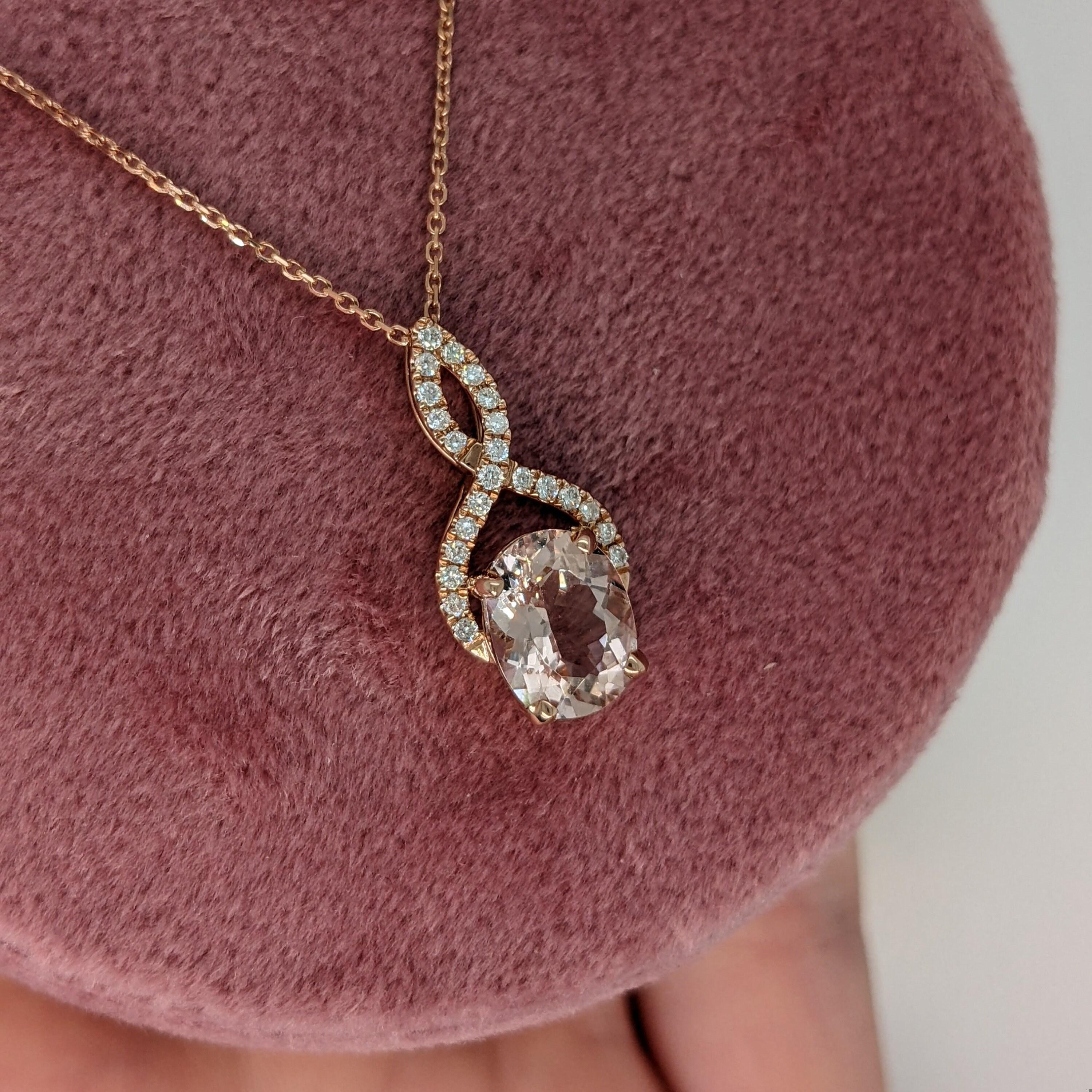Modern 1.7ct Morganite Pendant w Earth Mined Diamonds in Solid 14K Rose Gold Oval 9x7mm For Sale