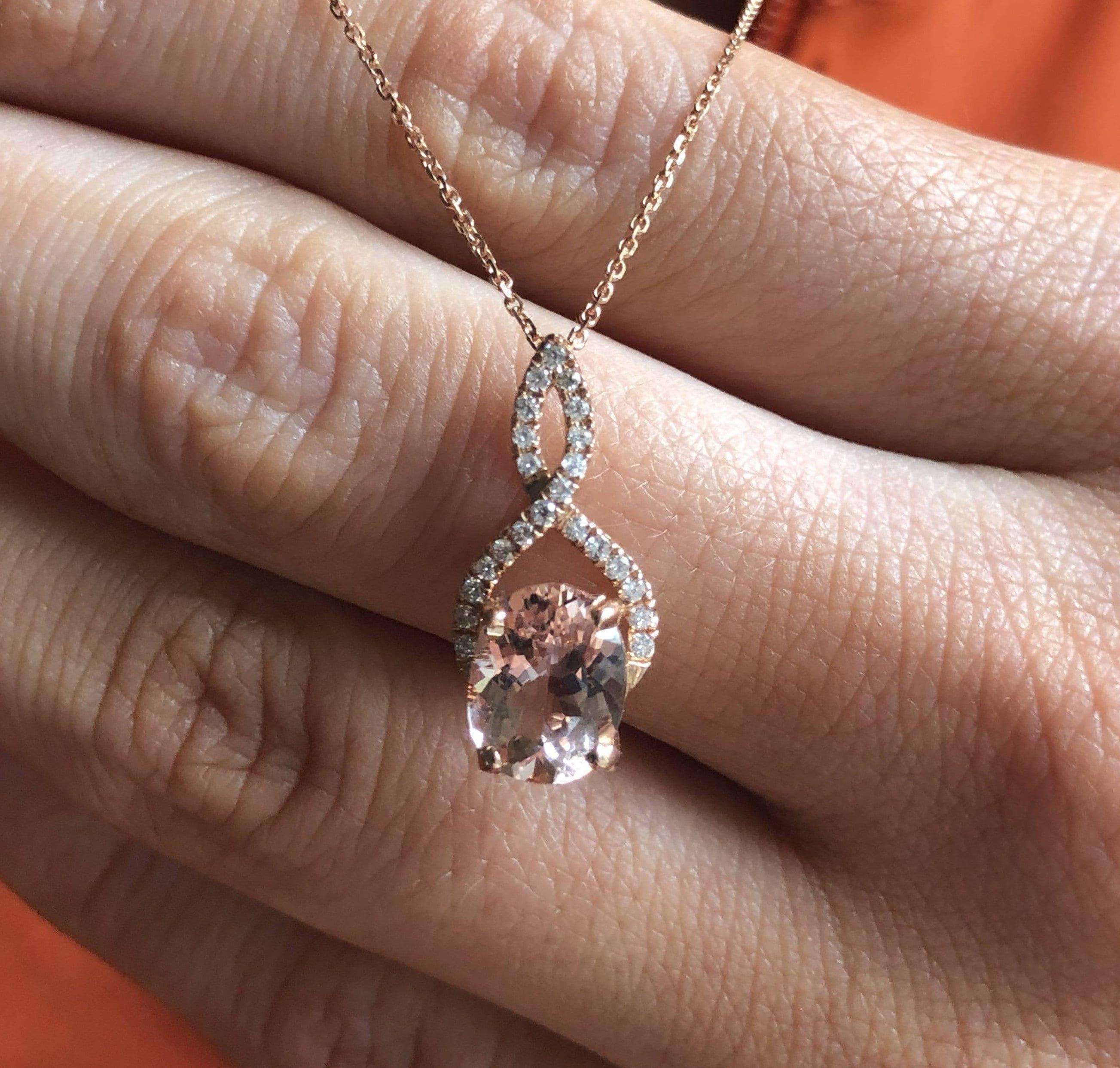 Women's 1.7ct Morganite Pendant w Earth Mined Diamonds in Solid 14K Rose Gold Oval 9x7mm For Sale