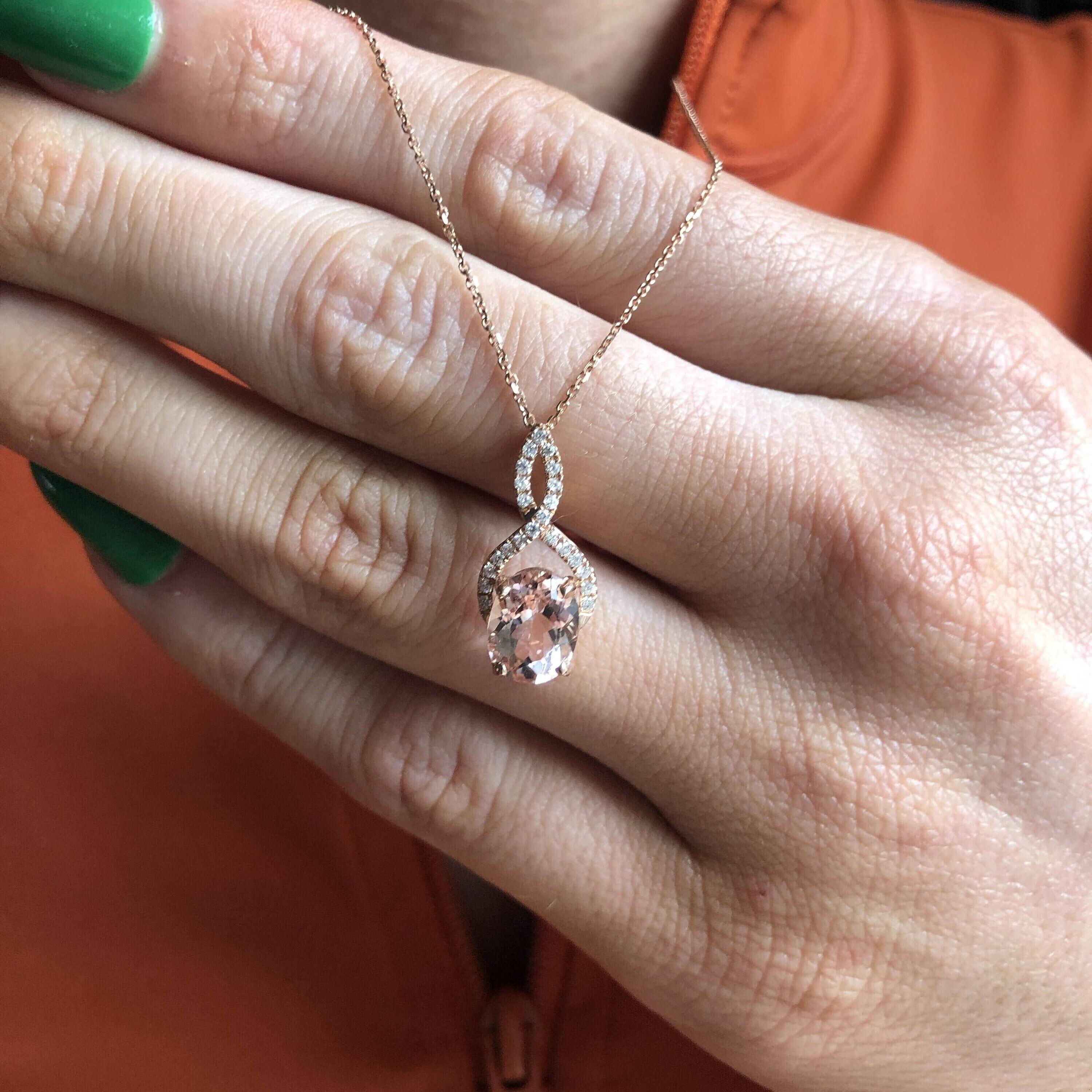 1.7ct Morganite Pendant w Earth Mined Diamonds in Solid 14K Rose Gold Oval 9x7mm For Sale 1