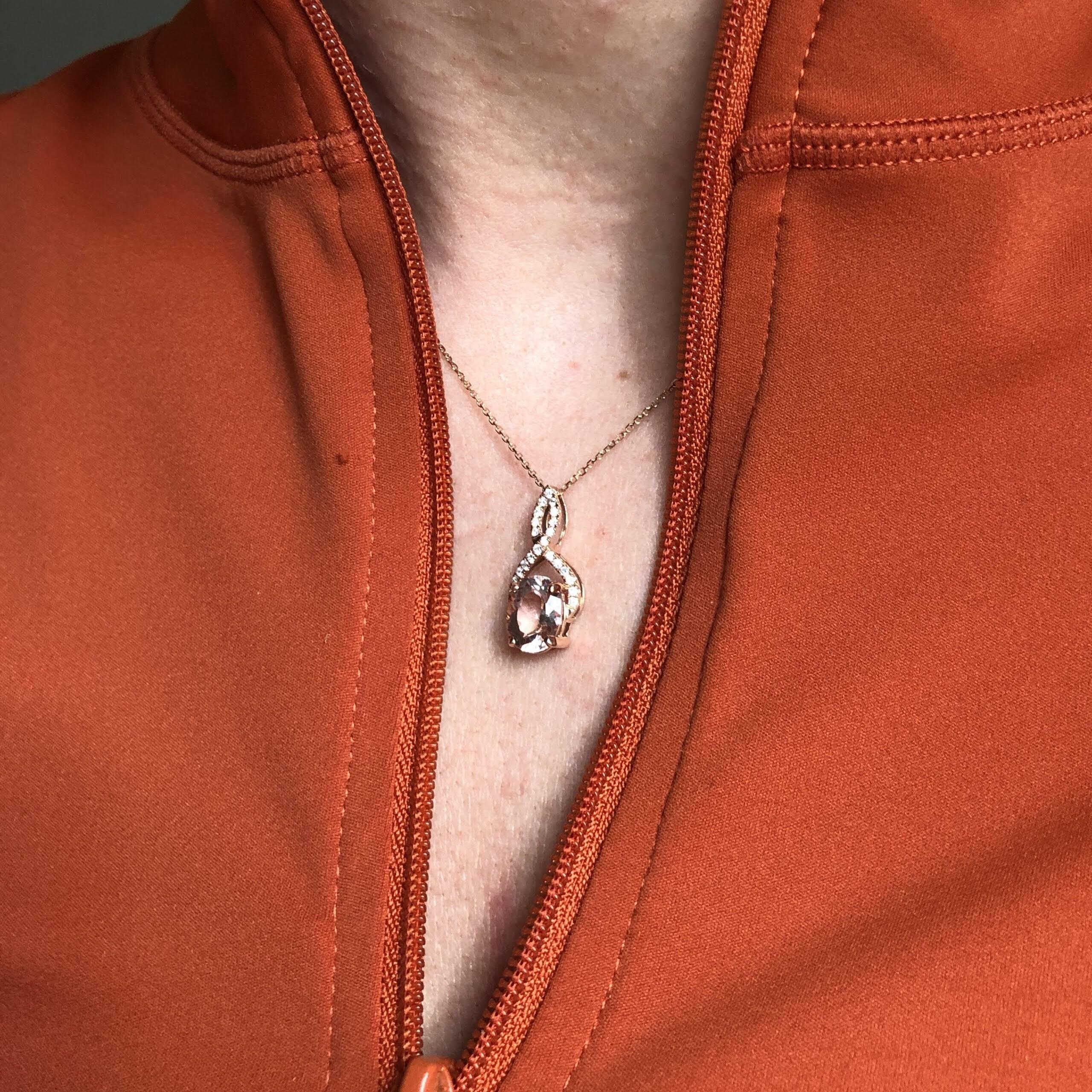 1.7ct Morganite Pendant w Earth Mined Diamonds in Solid 14K Rose Gold Oval 9x7mm For Sale 2
