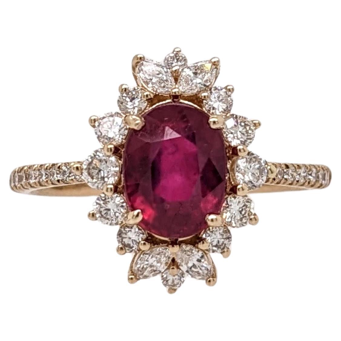 1.7ct Ruby Ring w Earth Mined Diamonds in Solid 14K Yellow Gold Oval 8x6mm For Sale