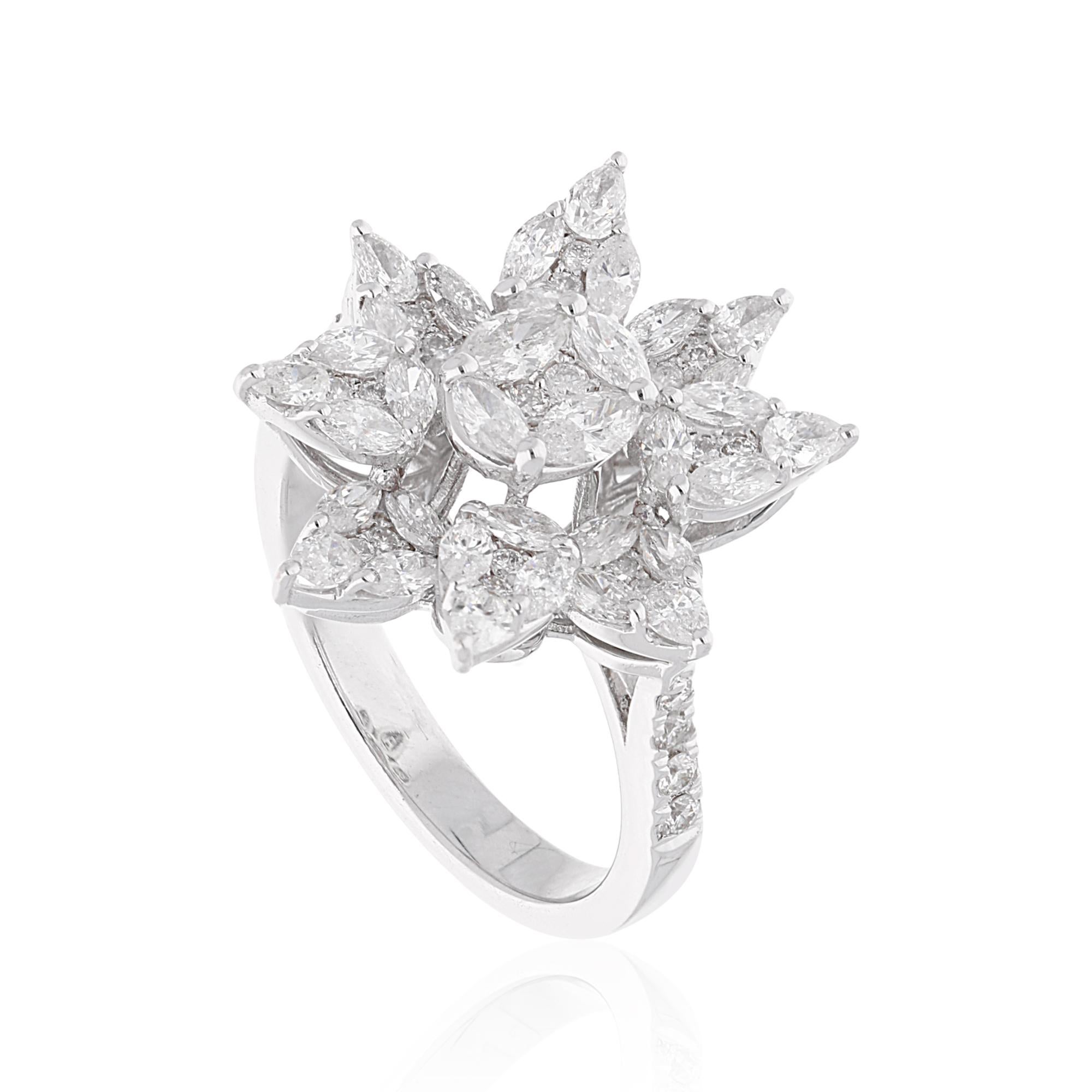 Taille Marquise Bague florale en or blanc 18 carats avec diamants ronds taille poire marquise 1,7 carat SI/HI en vente