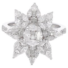 Bague florale en or blanc 18 carats avec diamants ronds taille poire marquise 1,7 carat SI/HI