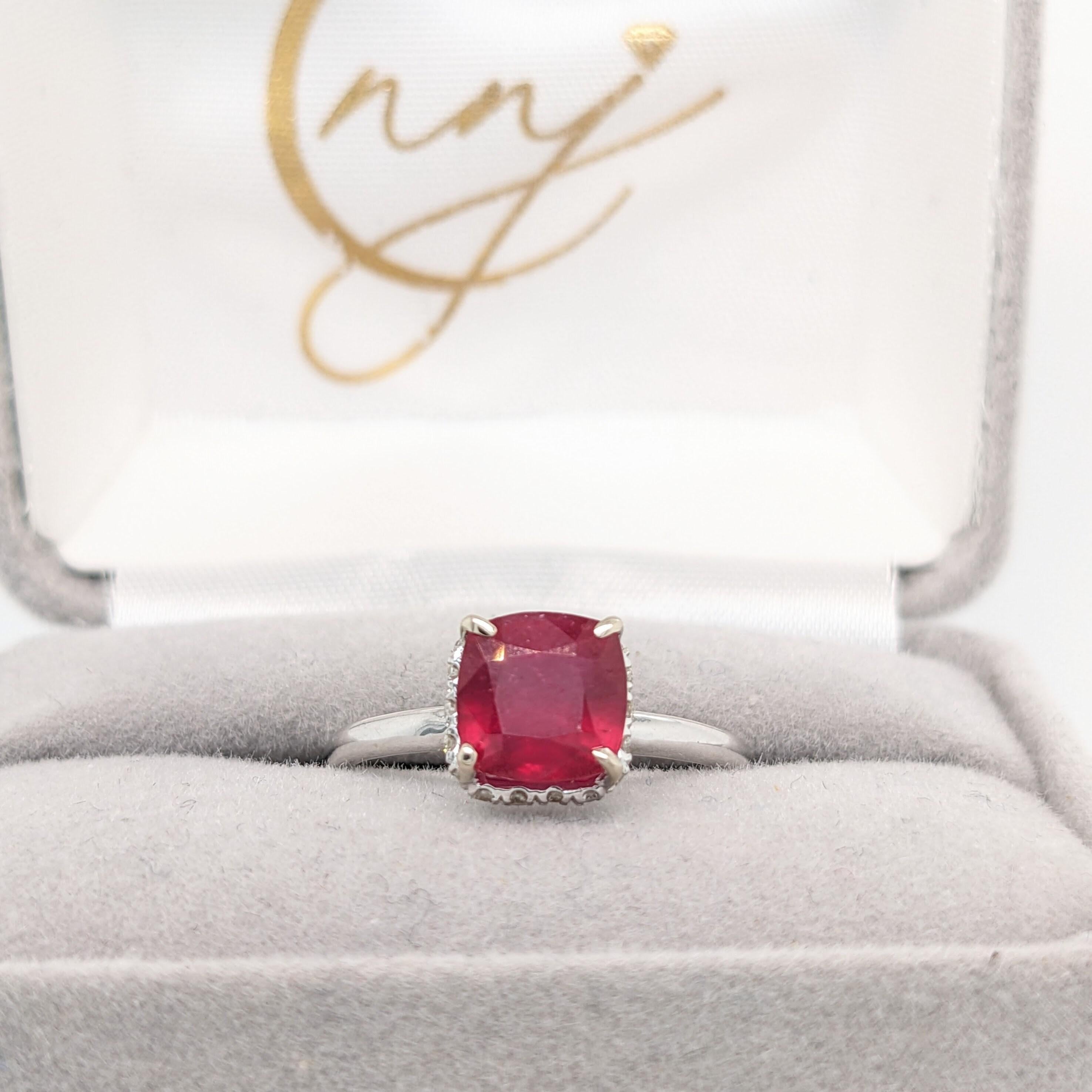 Cushion Cut 1.7ct Stunning Ruby Ring w Earth Mined Diamonds in Solid 14K Gold Cushion 7mm For Sale