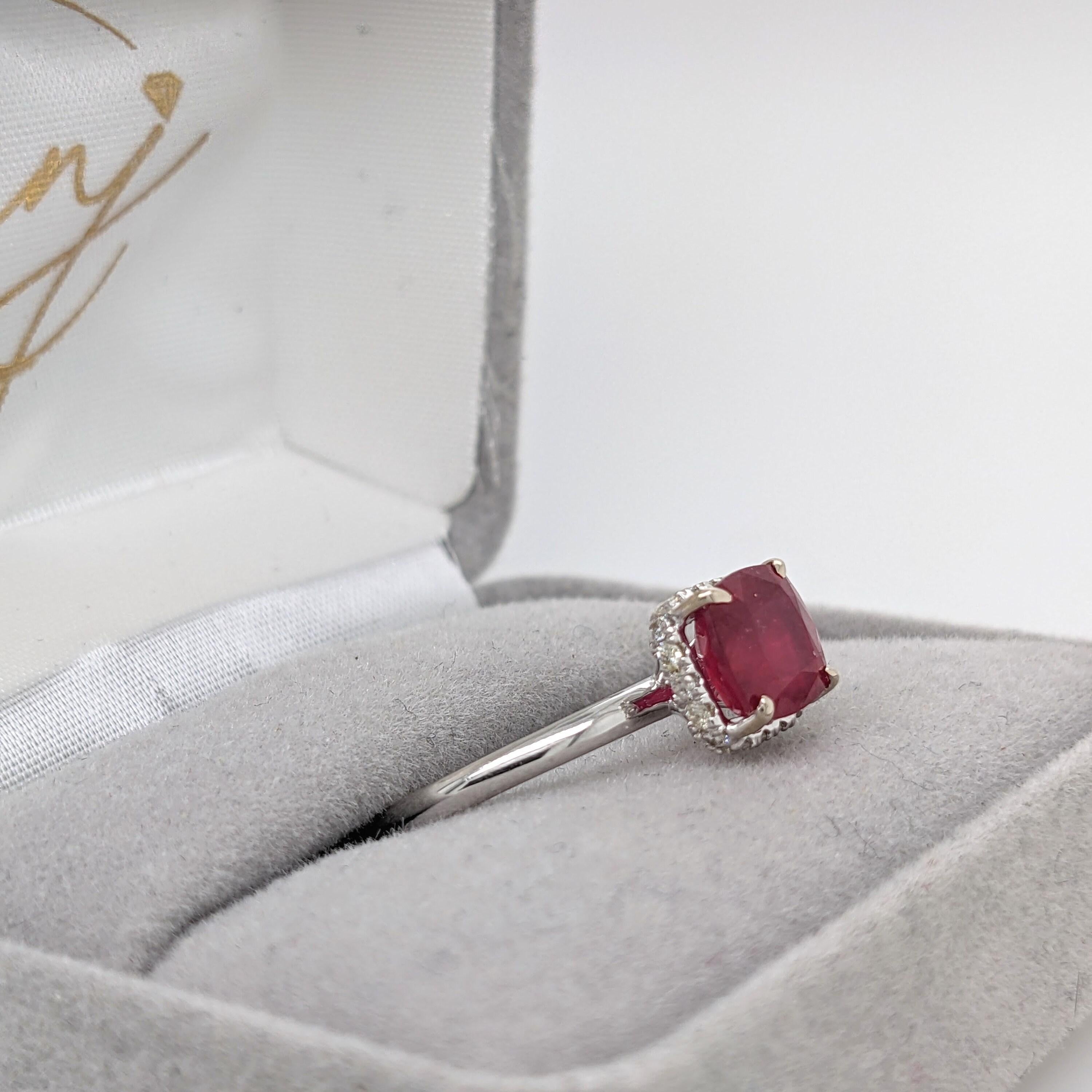 1.7ct Stunning Ruby Ring w Earth Mined Diamonds in Solid 14K Gold Cushion 7mm In New Condition For Sale In Columbus, OH