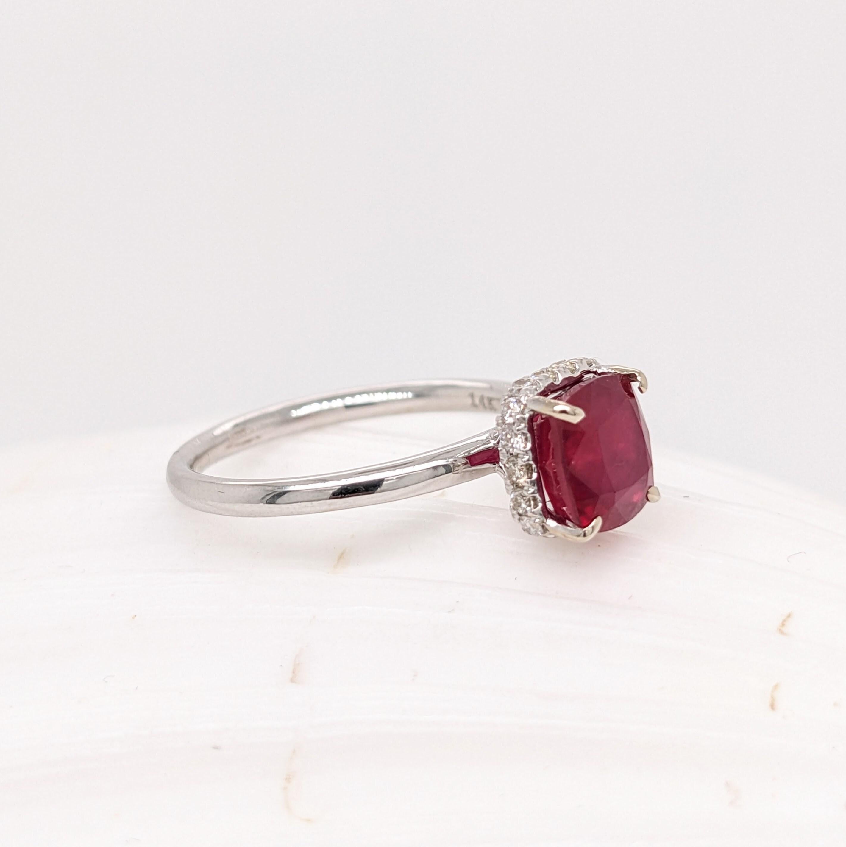 1.7ct Stunning Ruby Ring w Earth Mined Diamonds in Solid 14K Gold Cushion 7mm For Sale 1